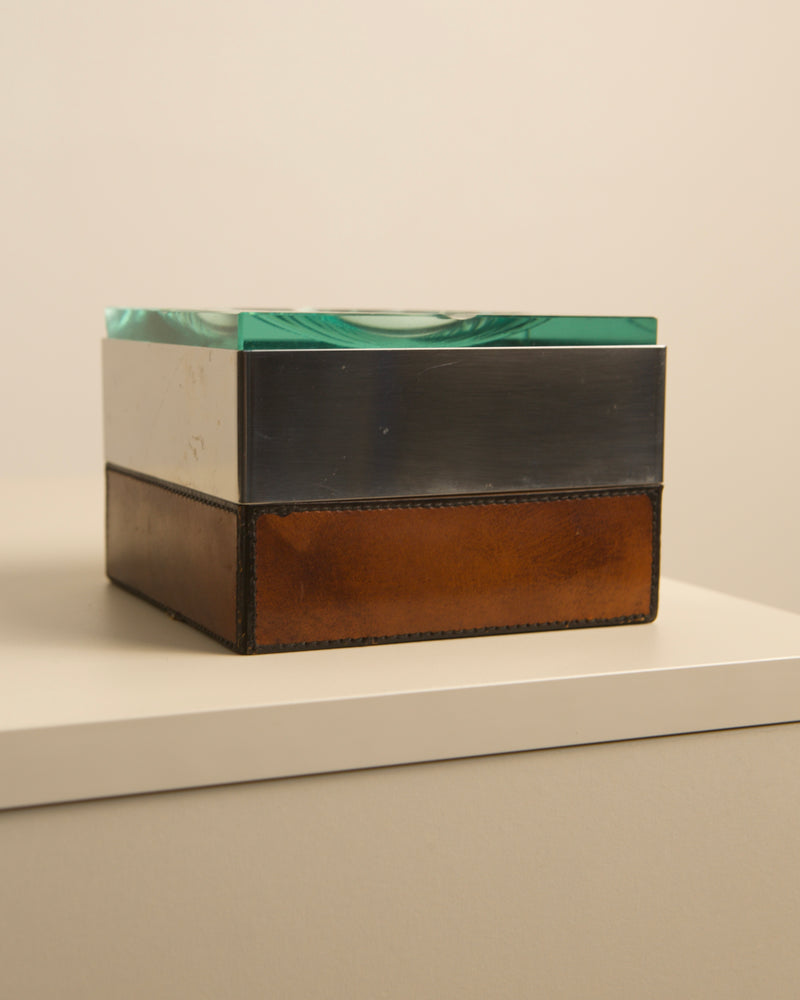 Vintage glass and leather ashtray box detail by Fontana Arte