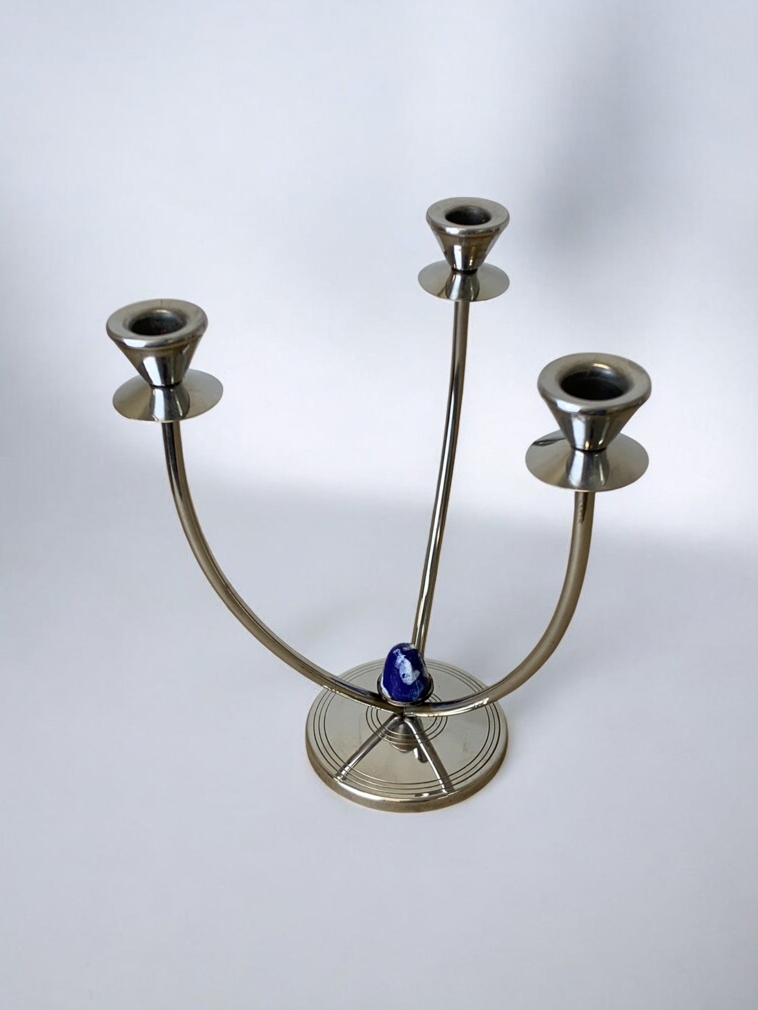 Art Deco Candleholder in Stainless Steel and Blue Stone, Spain, 1970's — angled view on white background
