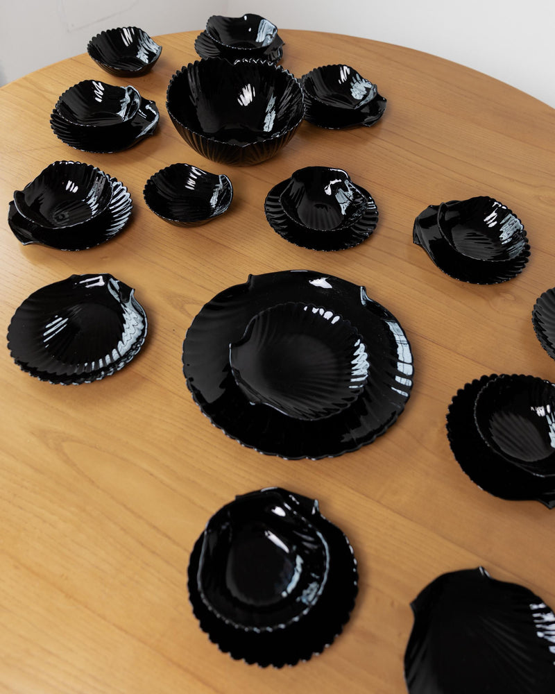 1980s Glass Tableware Set of 25 pieces by Arcoroc, Italy | The Oblist — black glass, vintage design