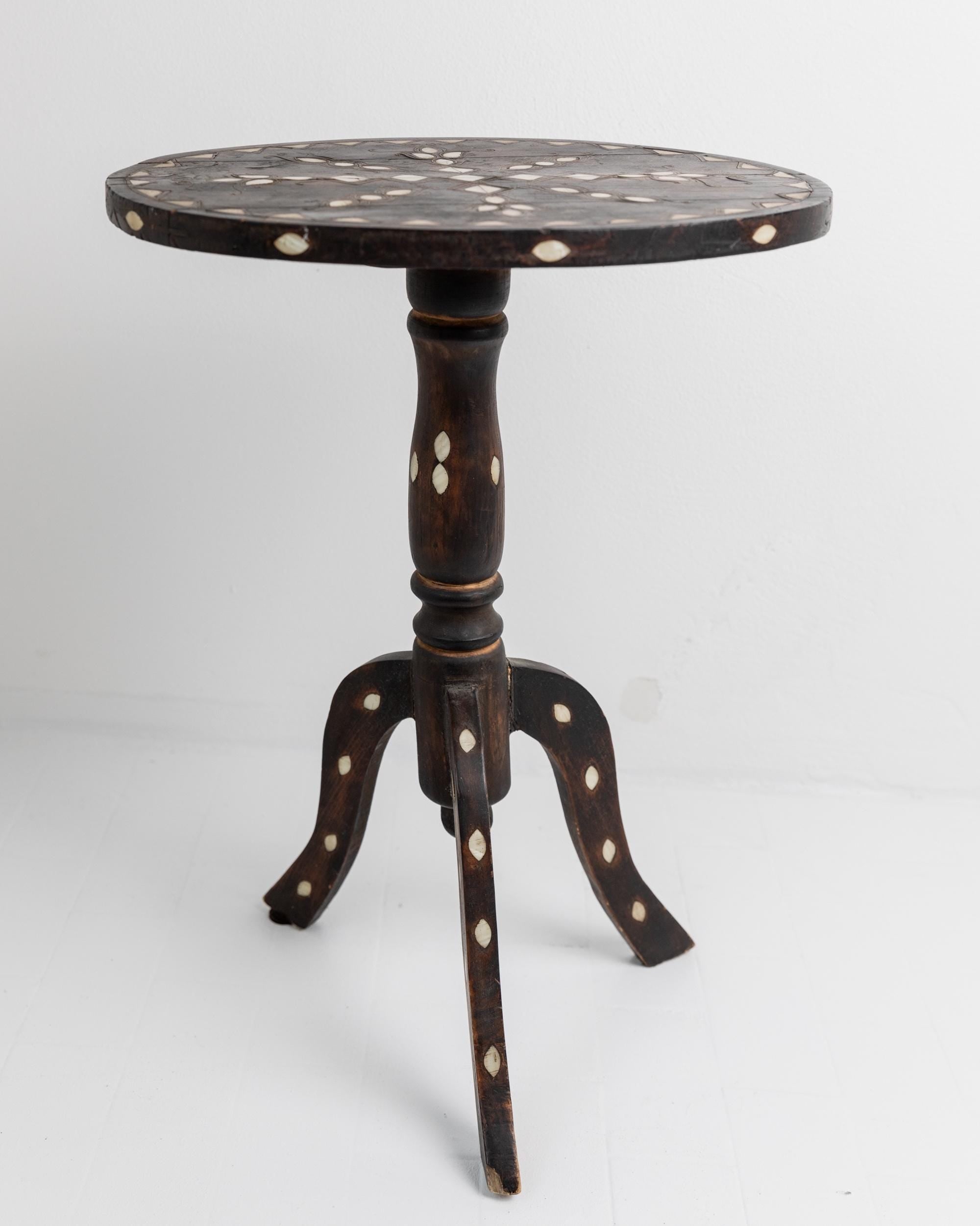 Vintage Early 19th Century Side Table, Dark Wood with Mother of Pearl Inlay, Three Legged Oval Form, Ethno Style Furniture, Gift Idea — side angle