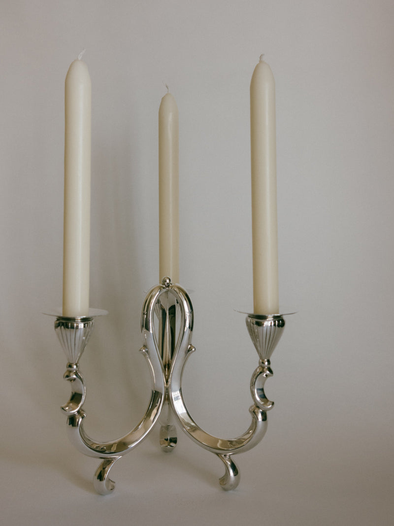Vintage German Silver-Plated 3-Light Scroll Candelabra (Lutz & Weiss Style) c. 1970s — detail view