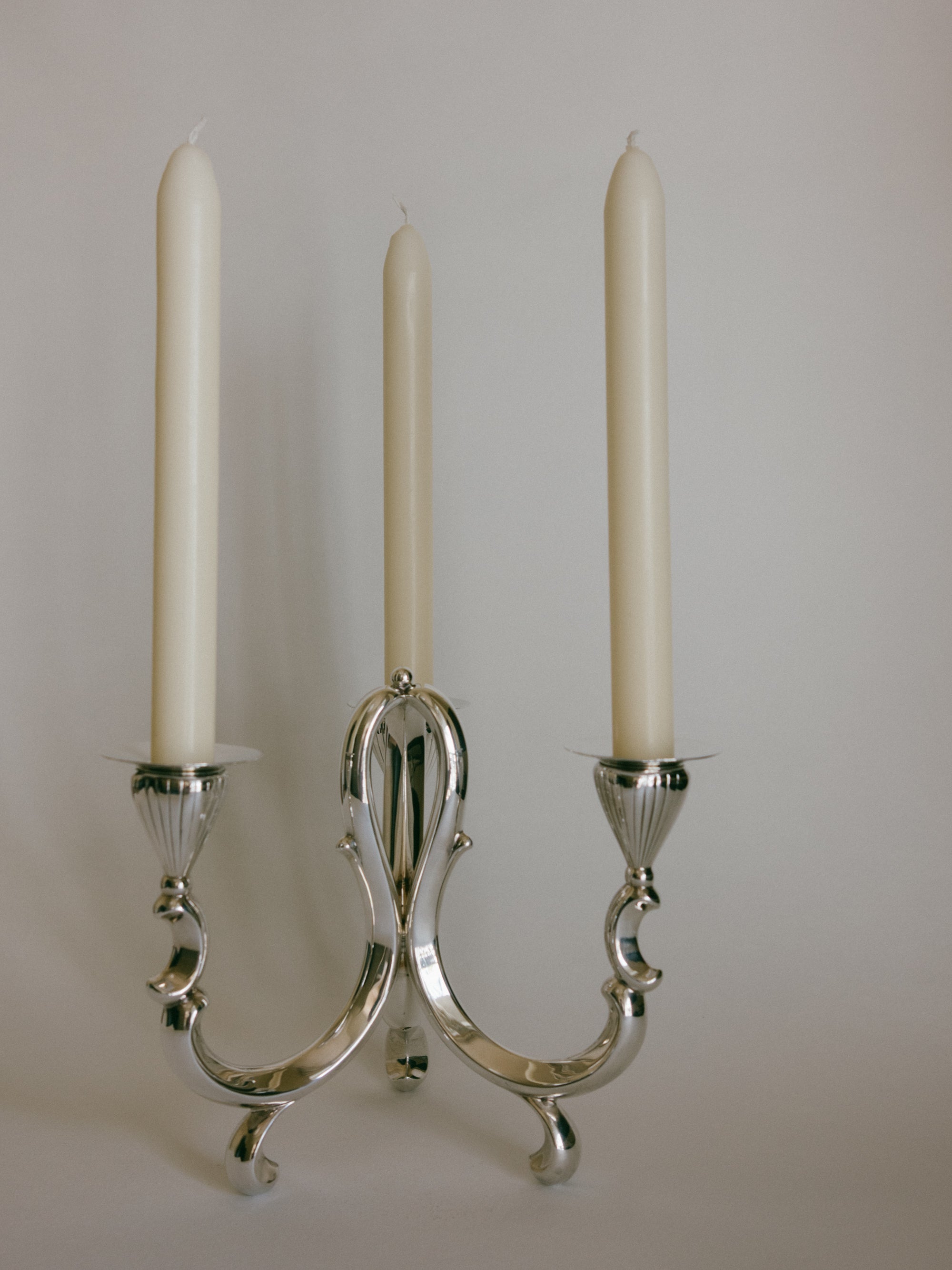 Vintage German Silver-Plated 3-Light Scroll Candelabra (Lutz & Weiss Style) c. 1970s — detail view