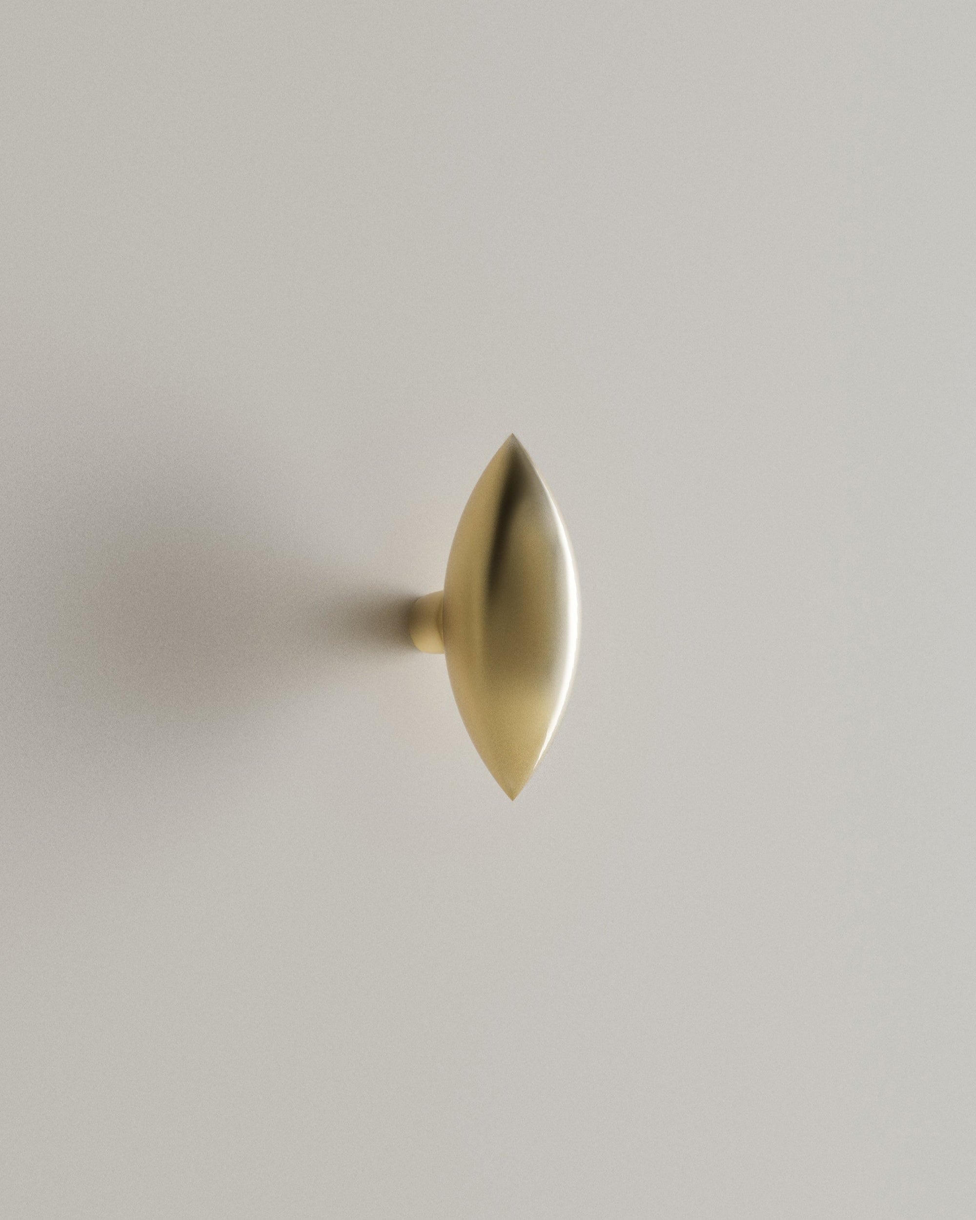 GOOD EYE Cabinet Knob/Wall Hook — angled view of brass finish on wall