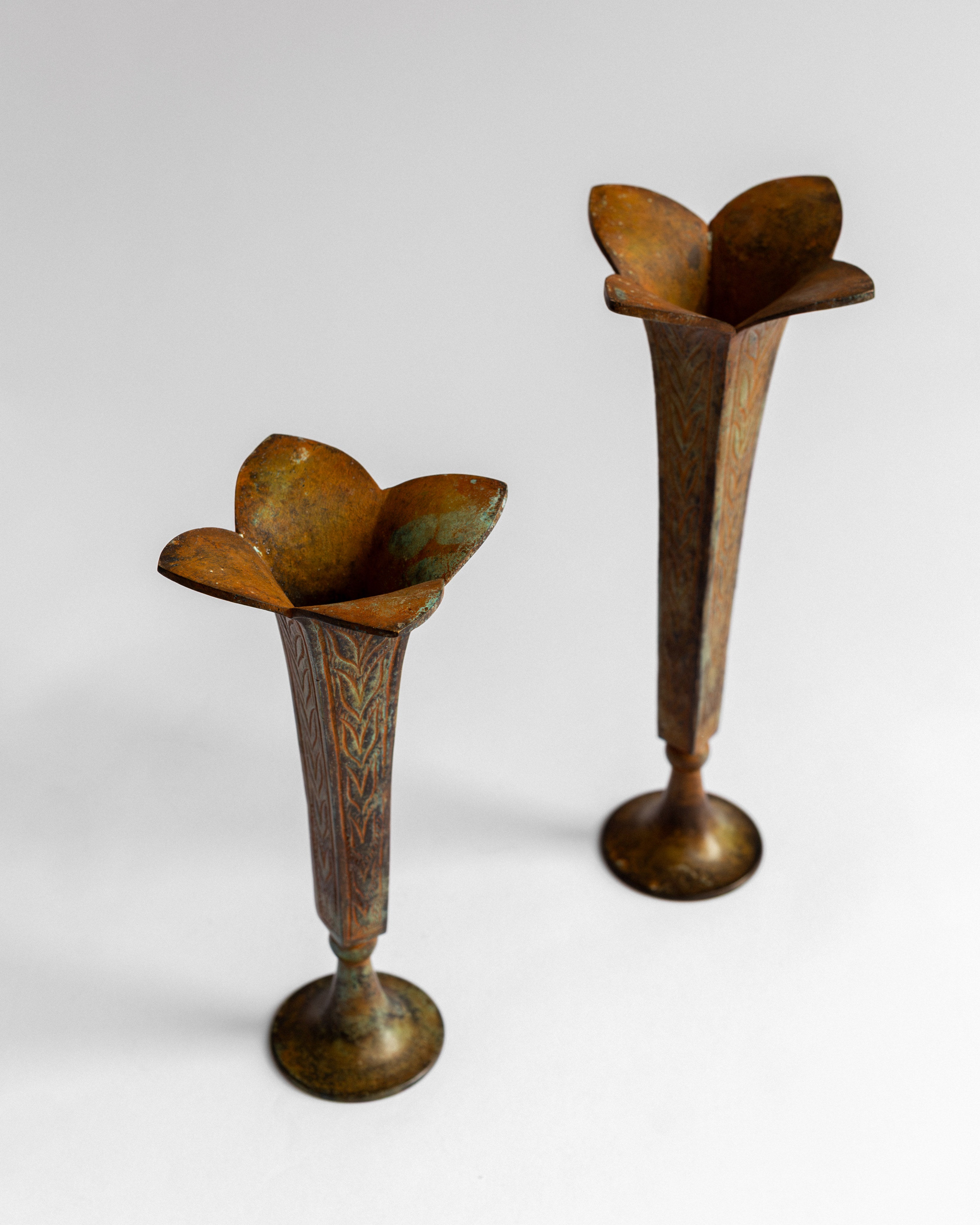 Pair of Sculptural Bronze Candlesticks/Vases with Patina — side angle