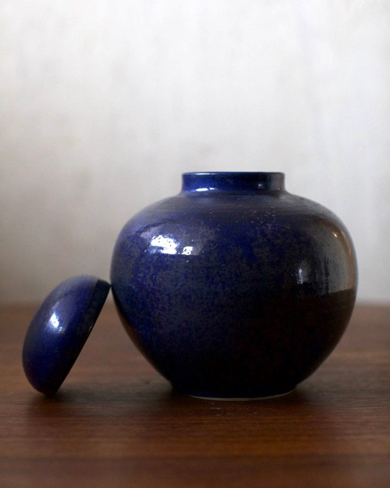 Ceramic Bowl — close-up of deep blue glaze and lid