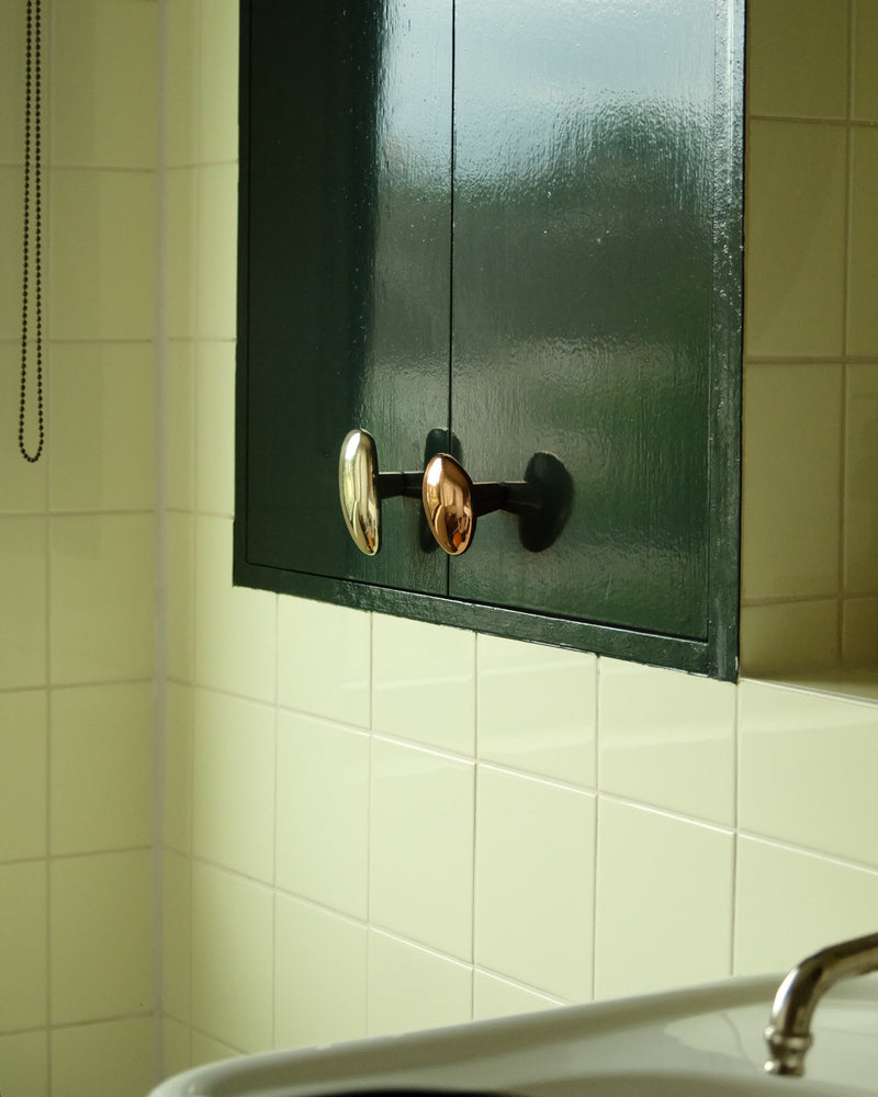 MOMI Knob/Hook Long — close-up of metallic knobs on green cabinet