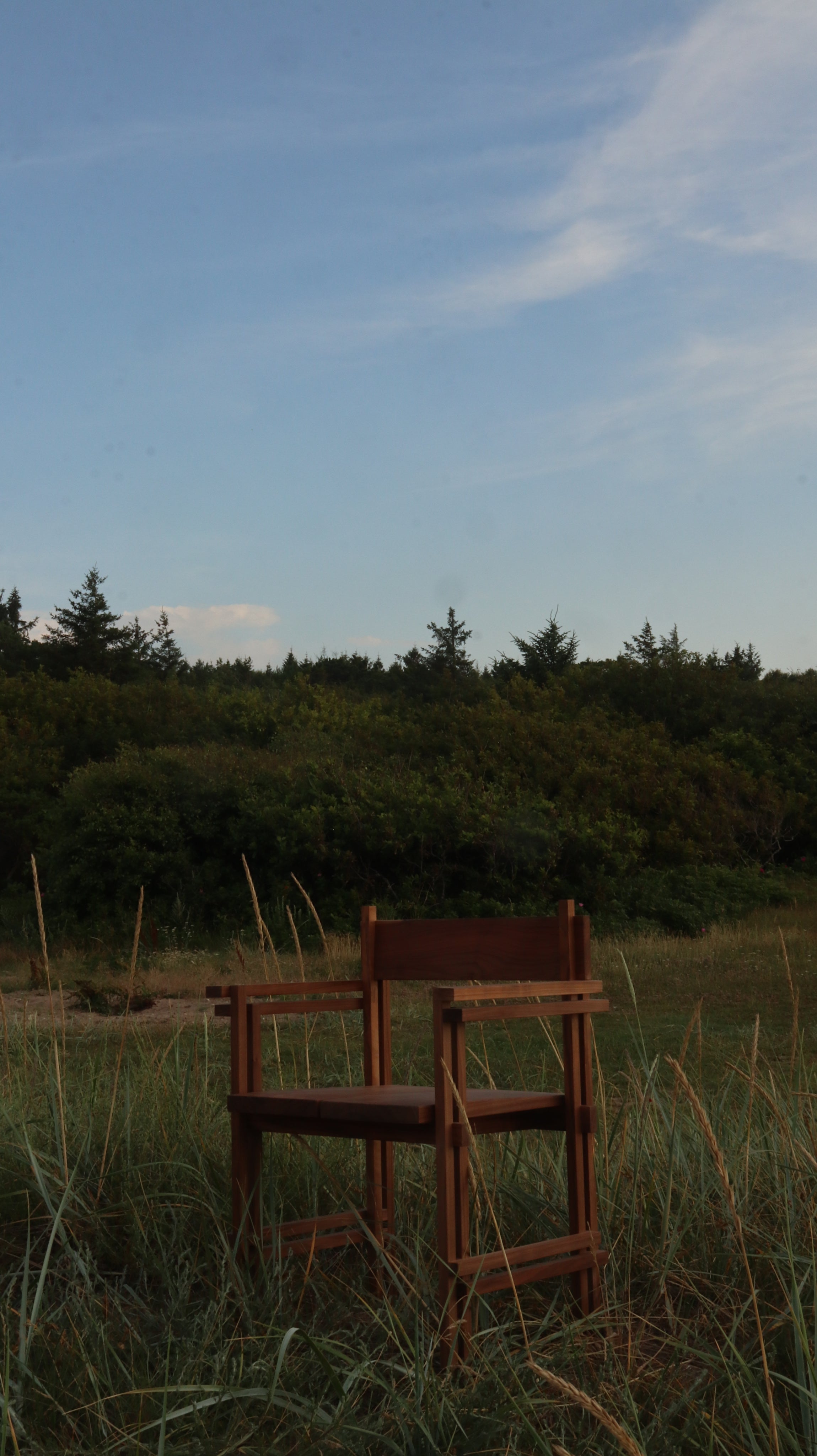 Stack chair with armrests — wooden chair in grassy outdoor setting