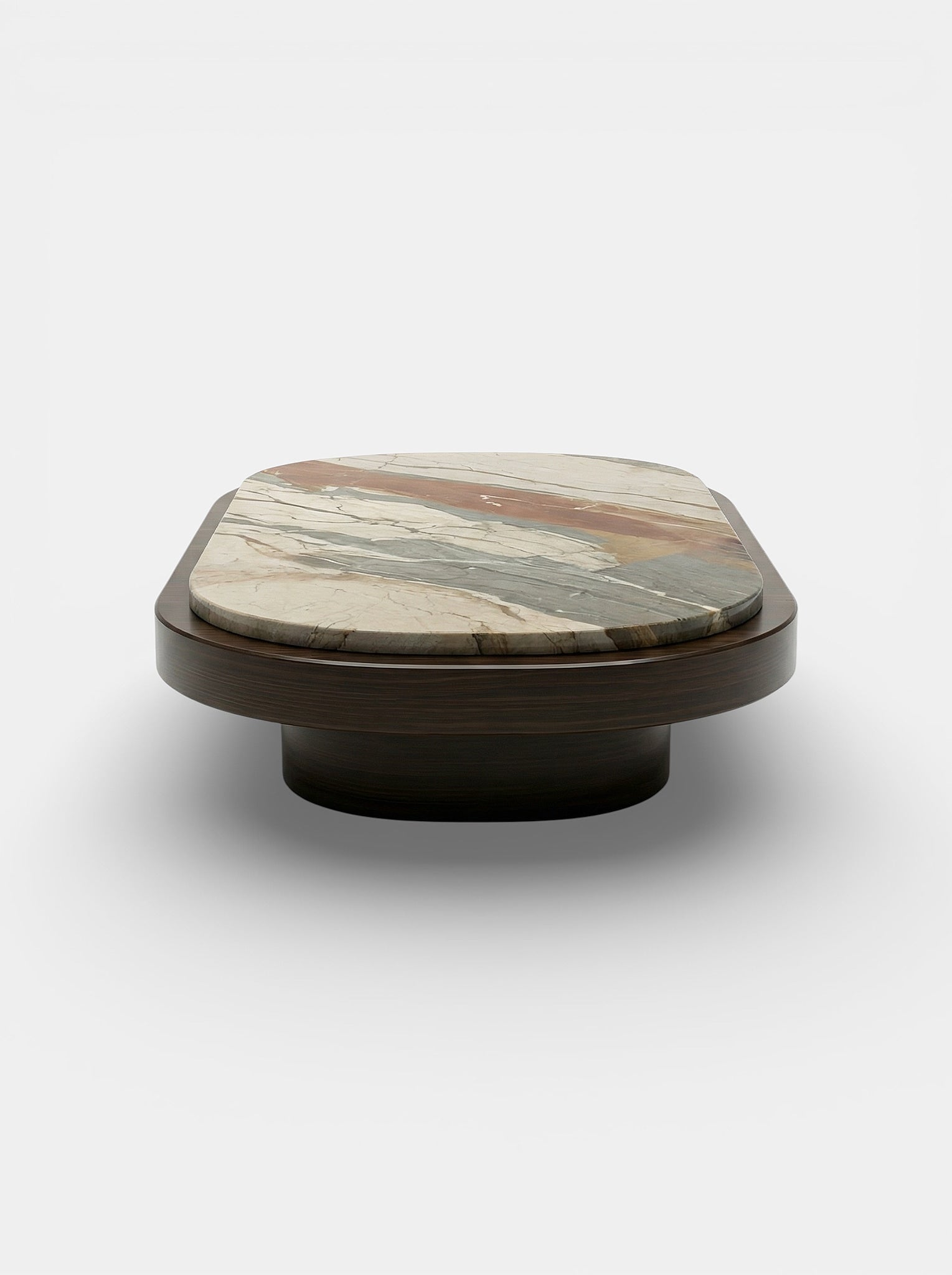 Mirage Wood and Breccia Fantastica Marble Coffee Table — side angle showing marble top and wooden base
