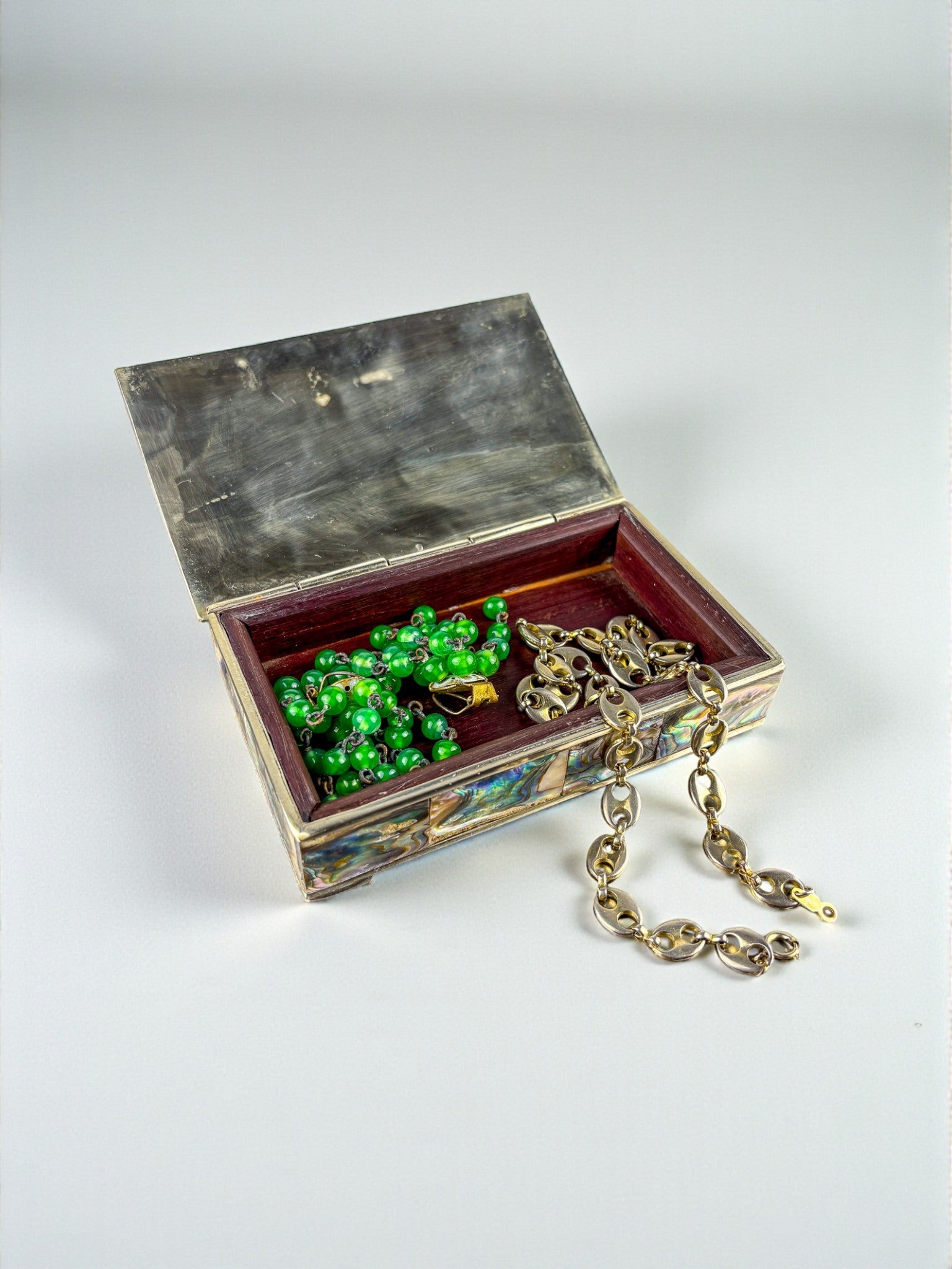 Abalone shell vanity box, Alpaca and wood, Mexico, Circa 1960's — side angle