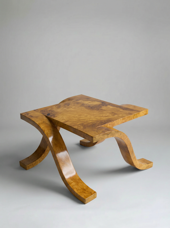 Marmont' Olive Burl Wood Coffee Table — angled view highlighting curved wooden legs