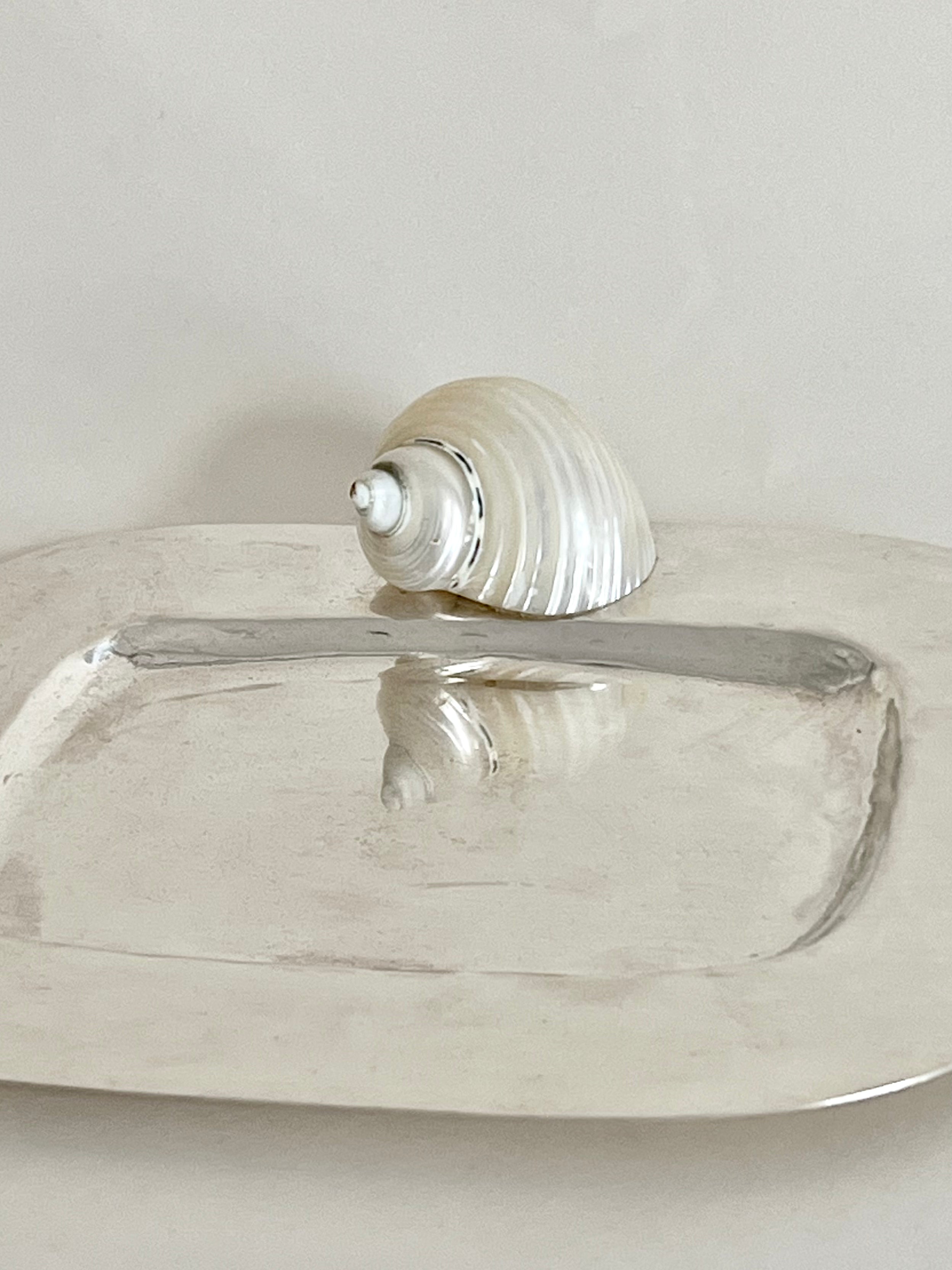Butter Dish 925 Silver Plate — angled view with shell on surface
