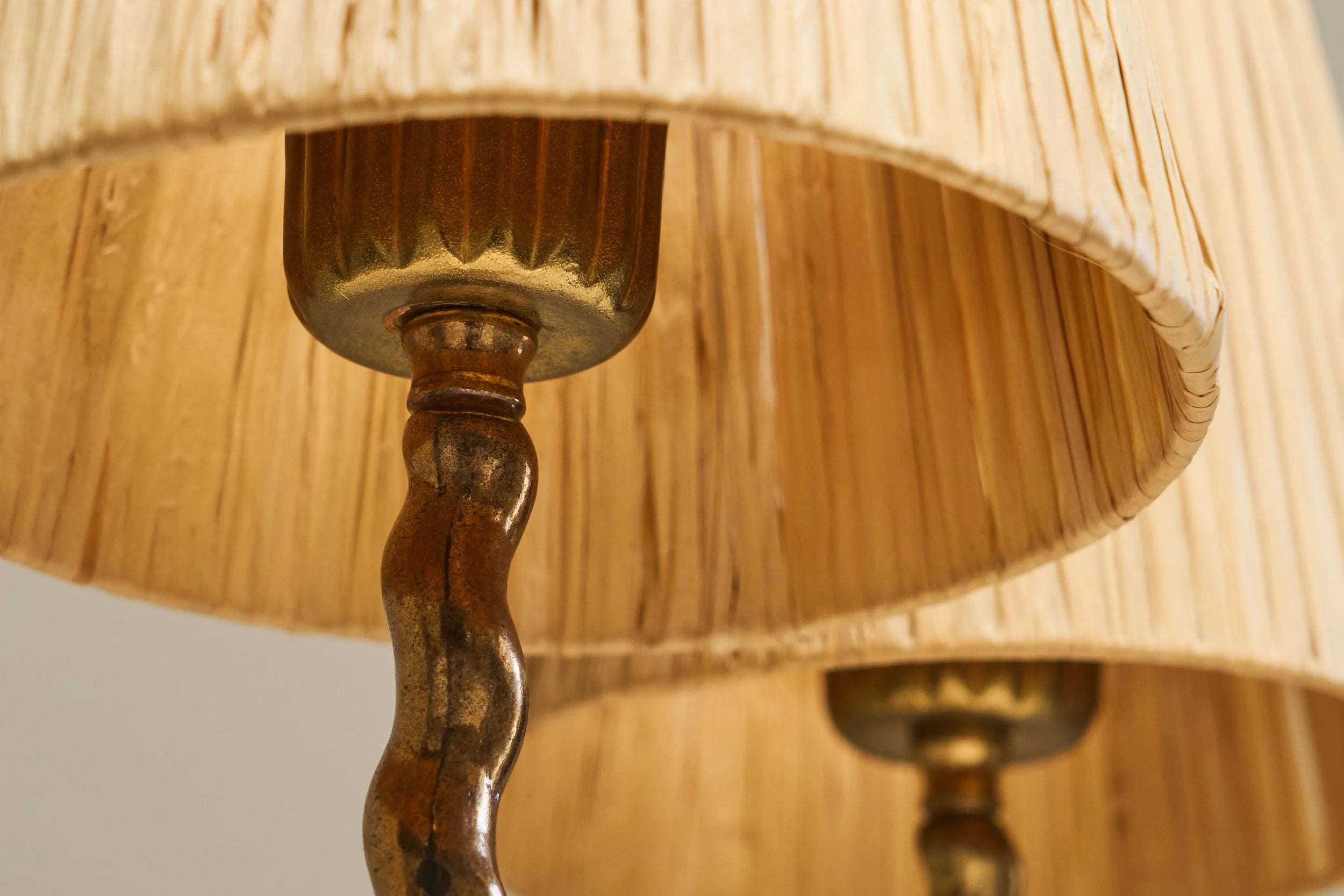 Wonderful Pair of Tripod Table Lamps in Patinated Sand Cast Brass with Raffia Shades — view 10