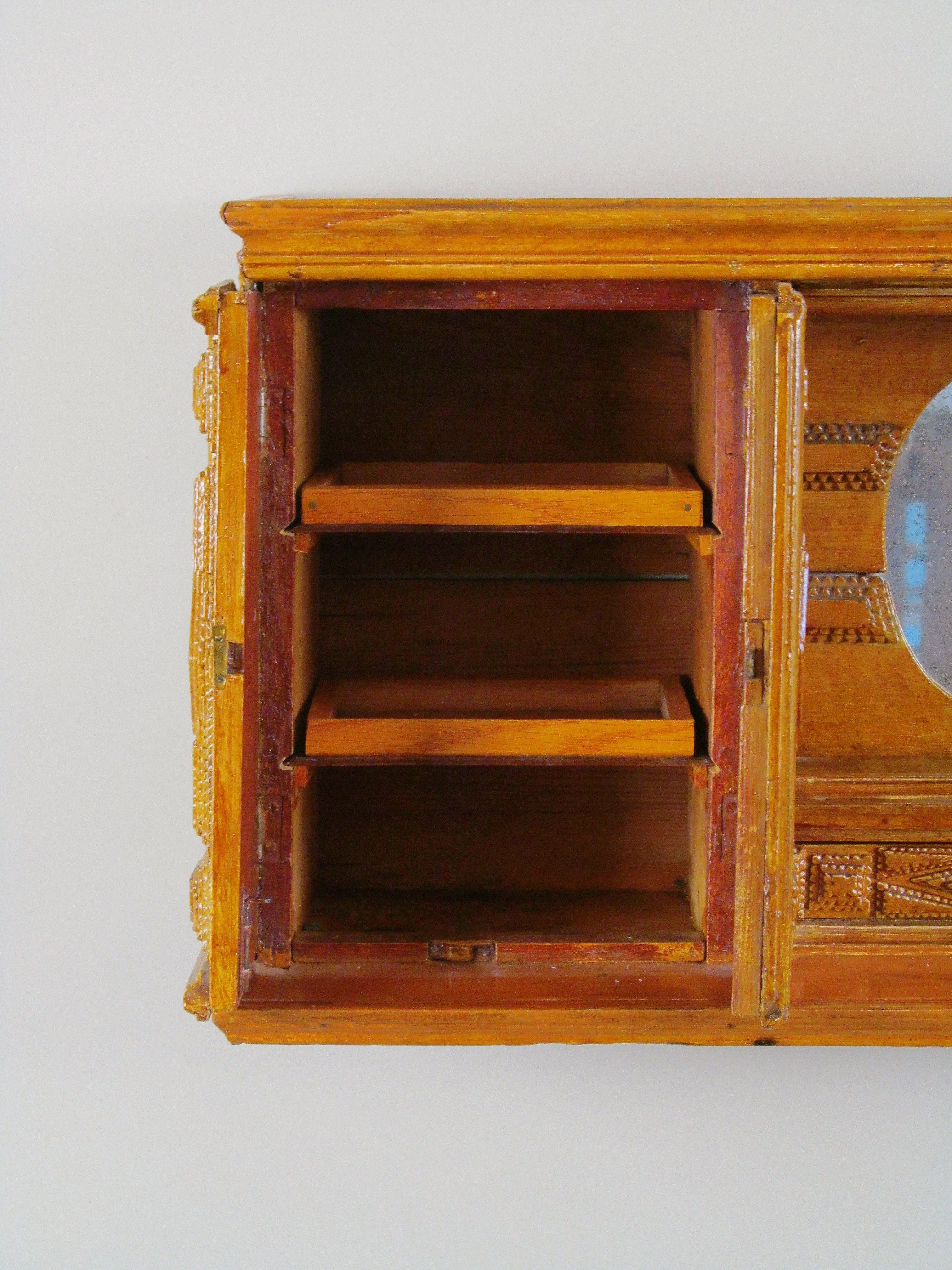 Tramp Art Wall Shelf 1890 - 1915 — back view showing wooden shelves and interior