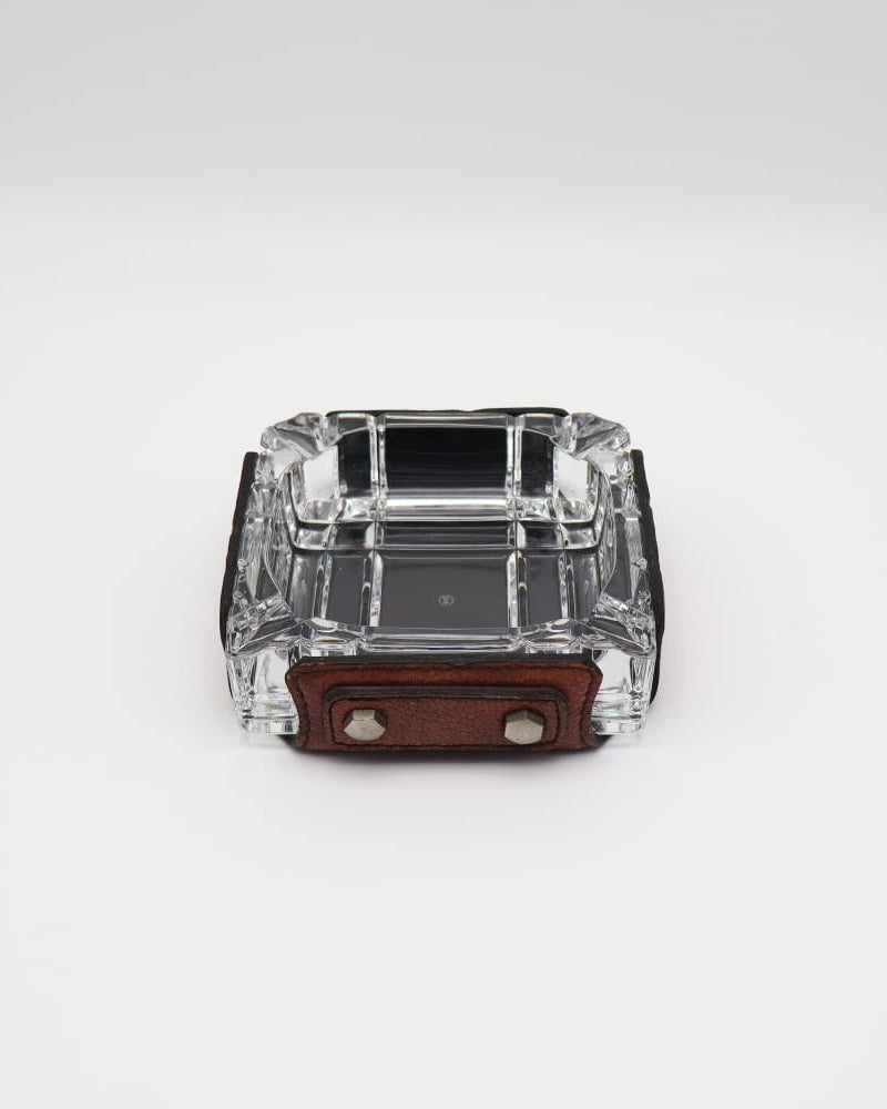 Mid-Century Modern Cast-Glass and Leather Ashtray – 1950s — side angle