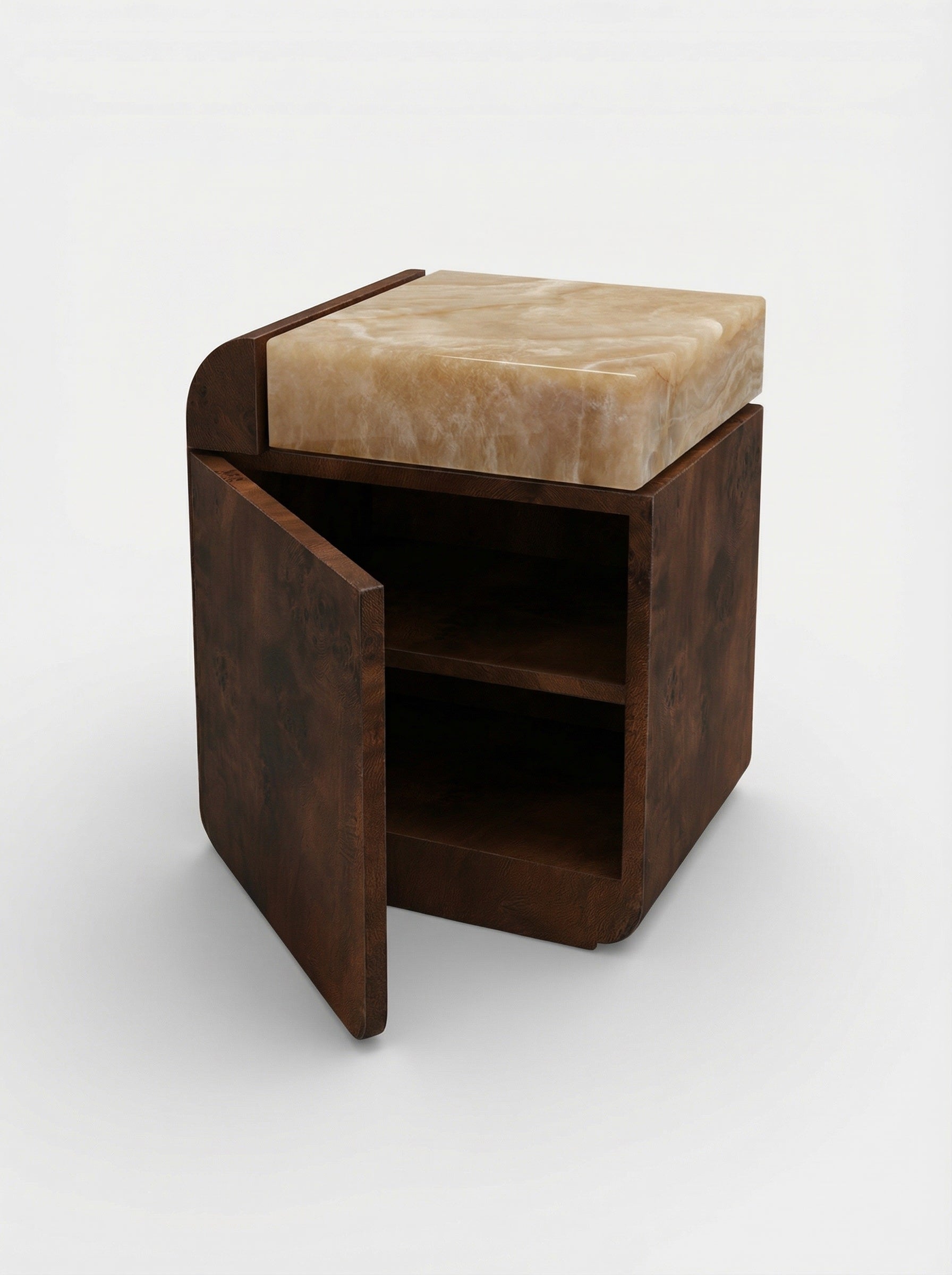 Amo Burl Wood and Honey Onyx Storage Table — close-up of honey onyx top