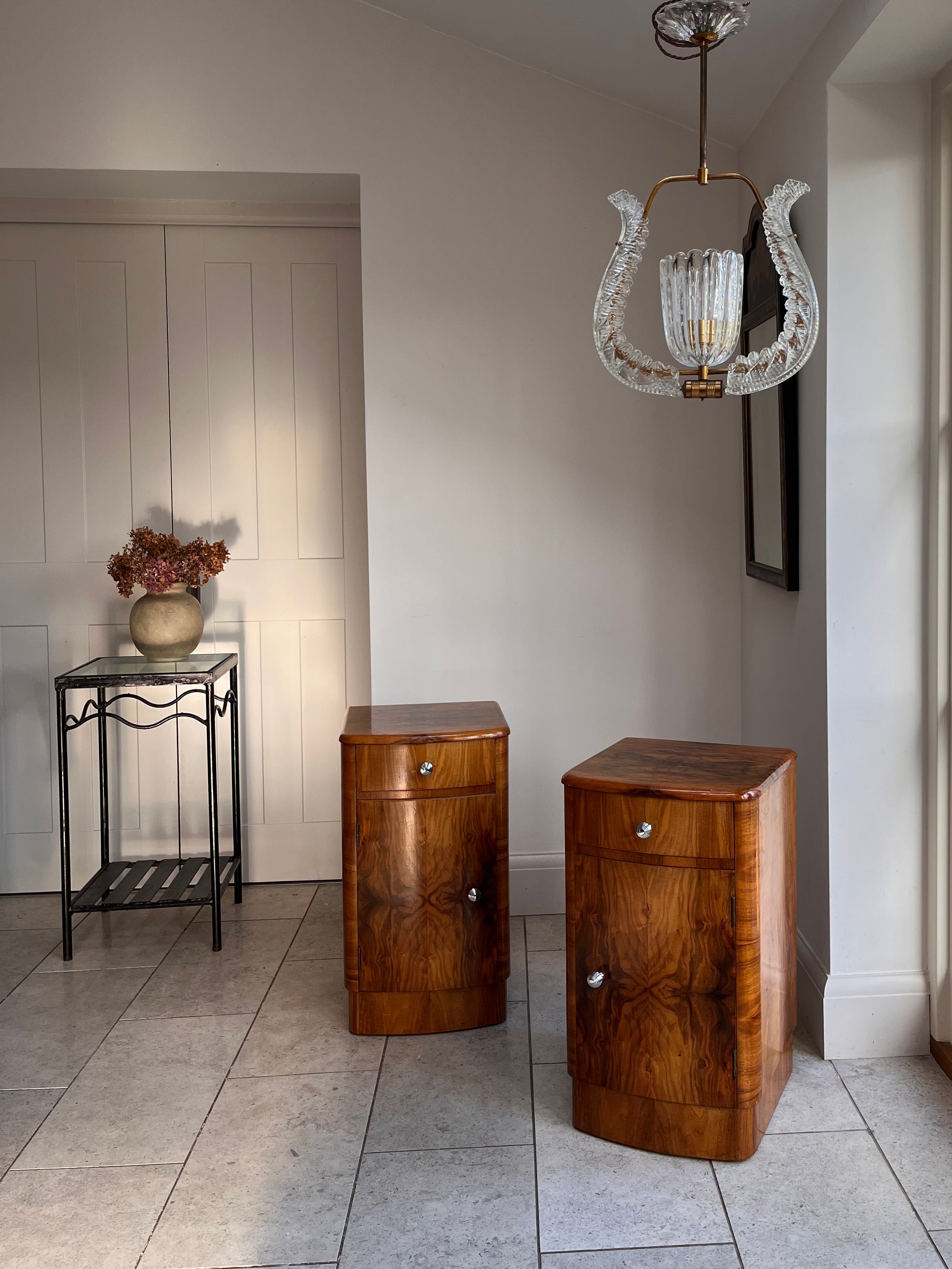 Pair of Art Deco Burr Walnut Bedside Cabinet c. 1930–1940 — side angle in modern interior setting