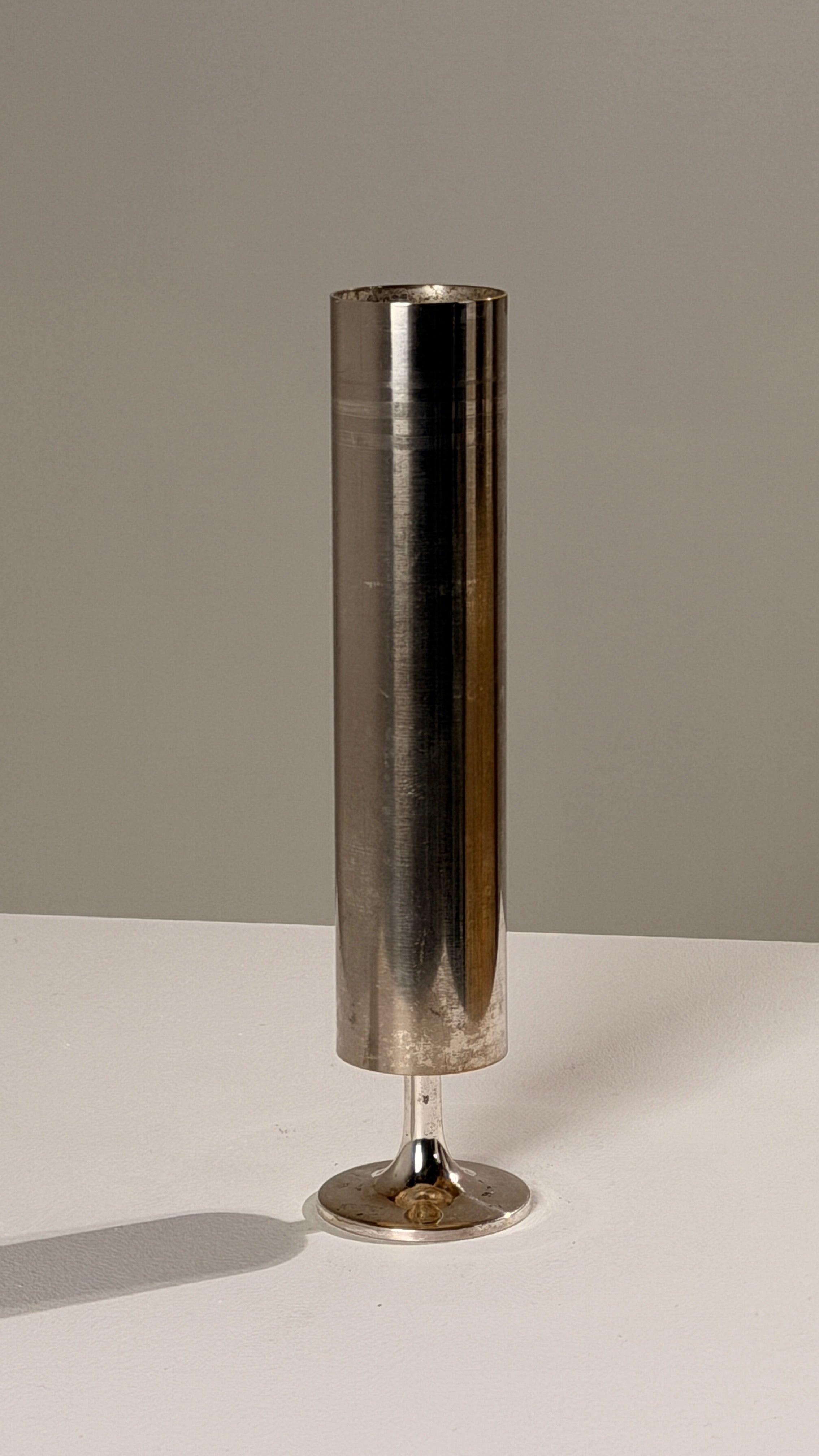 Large Silver-plated Metal Candleholder, France, circa 1970 — close-up showing polished surface and base