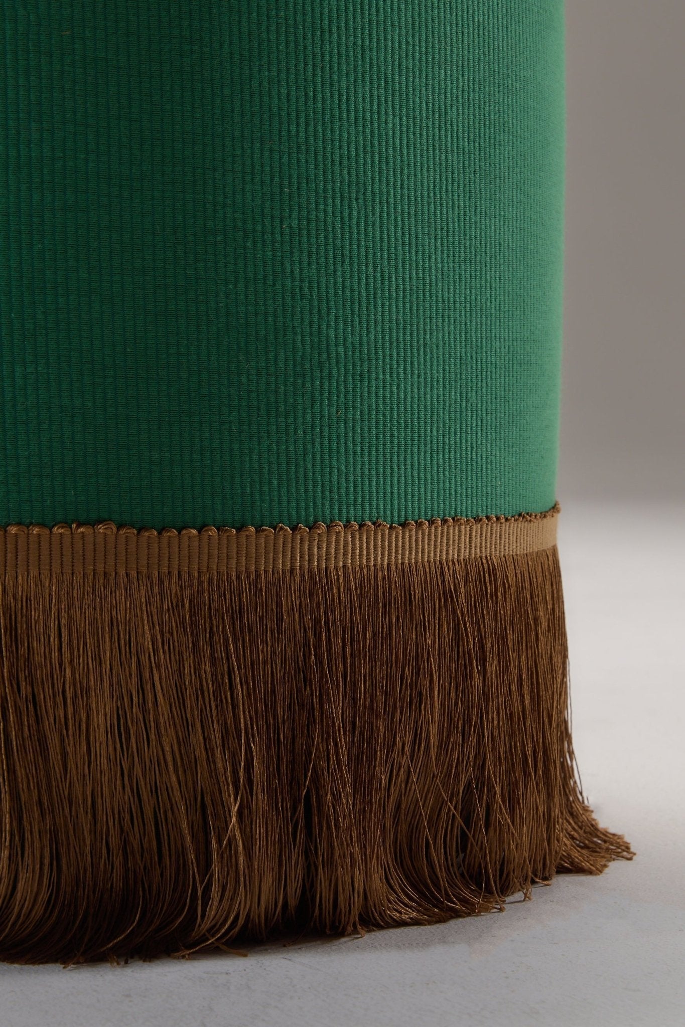 INFERI STOOL - CC'S REPP — back view highlighting green fabric and fringe detail