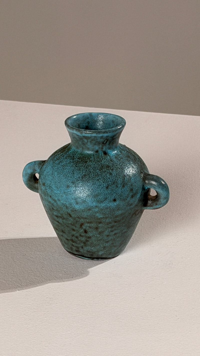Small Ear-handled Vase by Potiers d'Accolay, France, circa 1960 — close-up of textured turquoise ceramic surface