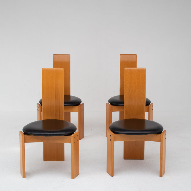 Set of Dining Chairs in Wood and Leather by Mario Marenco for Mobil Girgi — front view of four chairs with wooden backs and l