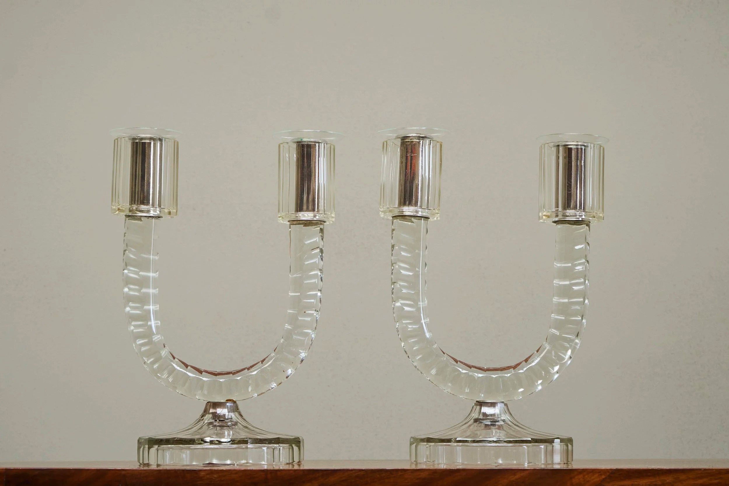 Wonderful Pair of Crystal Art Deco Candle Holders, France 1930s — alternate view