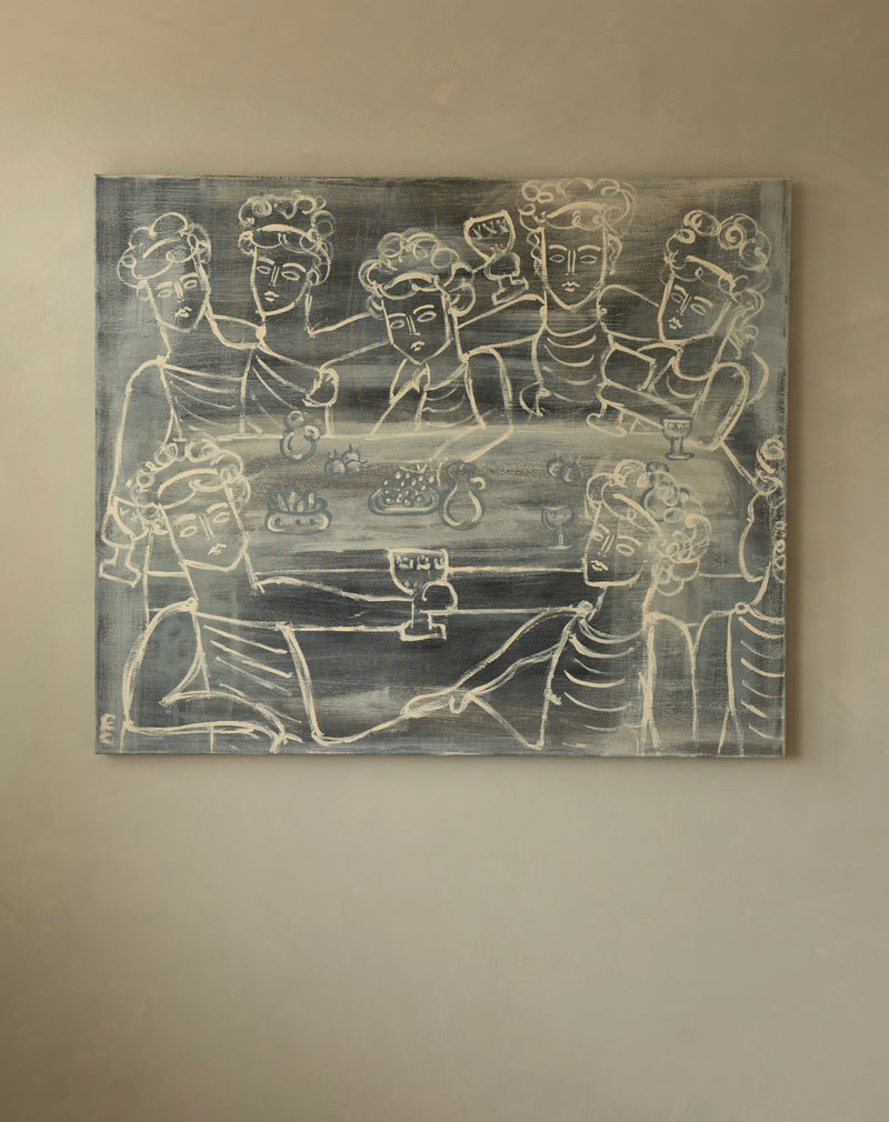 Contemporary line drawing painting depicting friends gathering around dinner table by Claire de Wolf