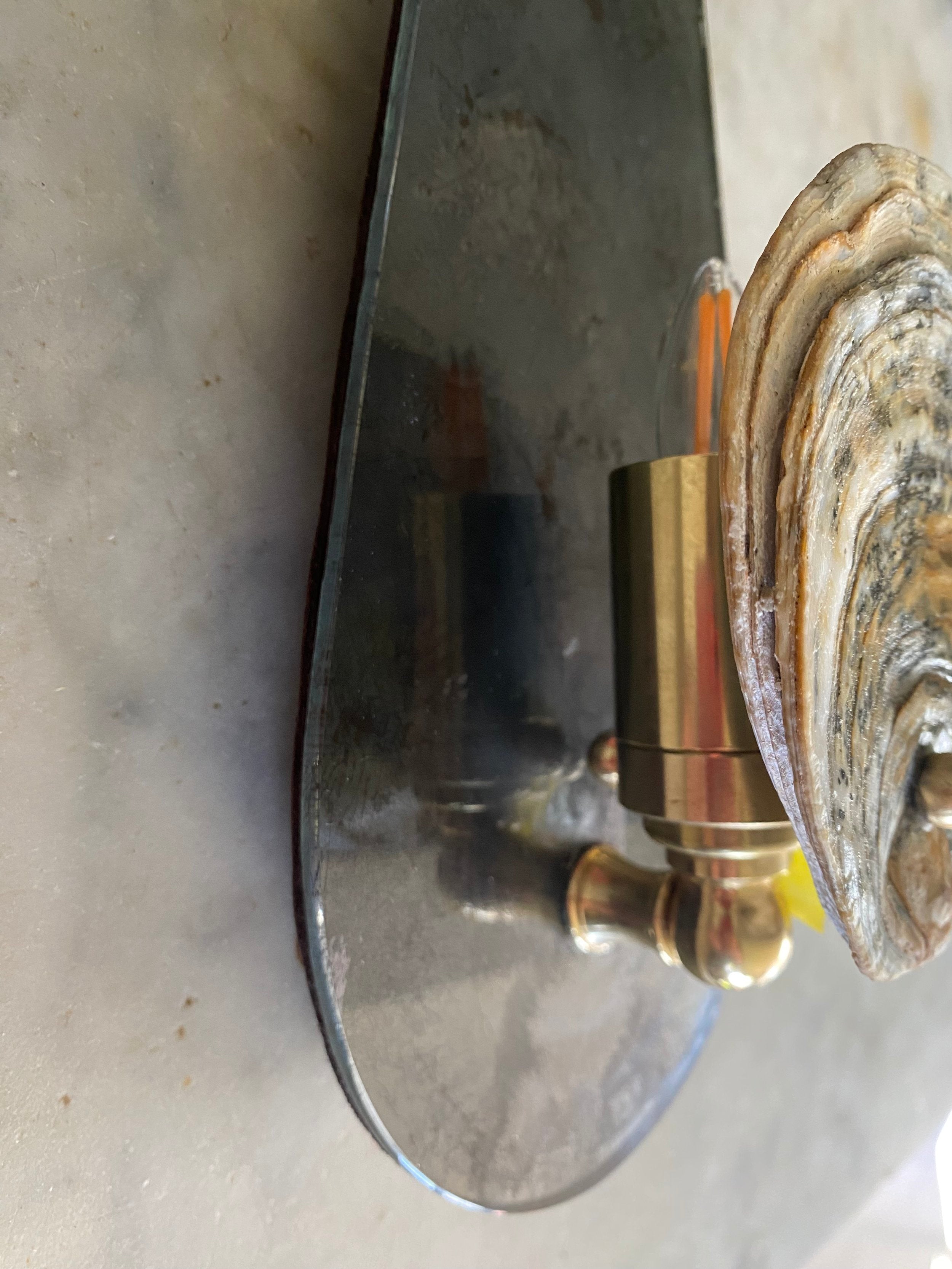 Tear Drop Sconce with Norfolk Oyster, 23KT Gold and Oxidised Silver — top view highlighting oyster detail and metallic finish