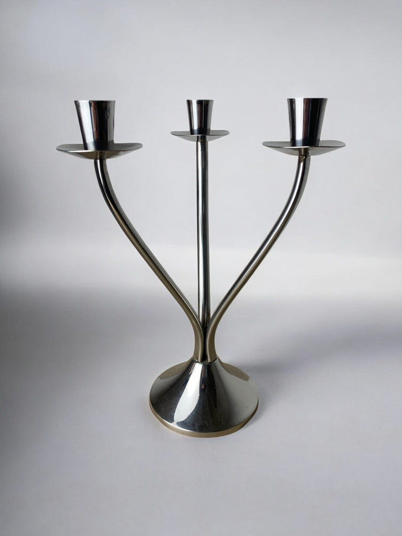 Art deco candlestick in stainless steel 3 flames, Spain, Circa 1970 by Malamar Studio | The Oblist — polished silver finish