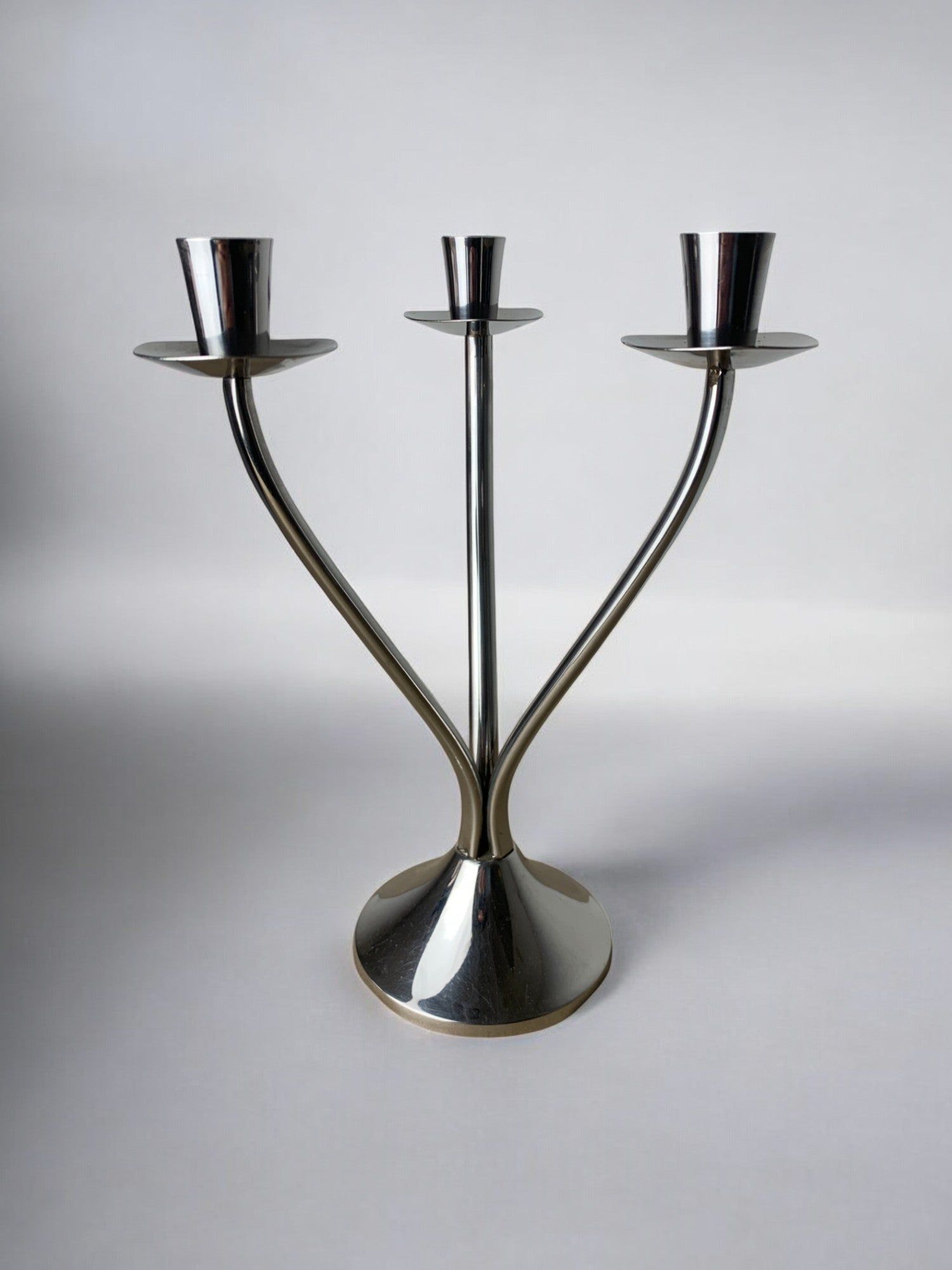 Art deco candlestick in stainless steel 3 flames, Spain, Circa 1970 by Malamar Studio | The Oblist — polished silver finish
