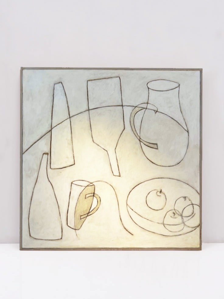 Abstract still life painting with outlined vessels and fruit in neutral tones