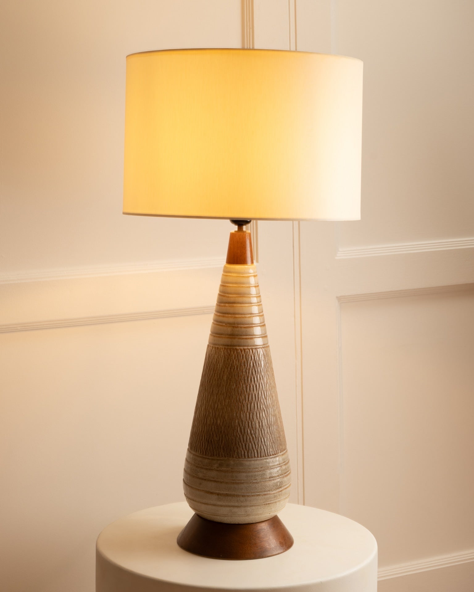 Large ceramic Danish table lamp with textured conical base and cream shade