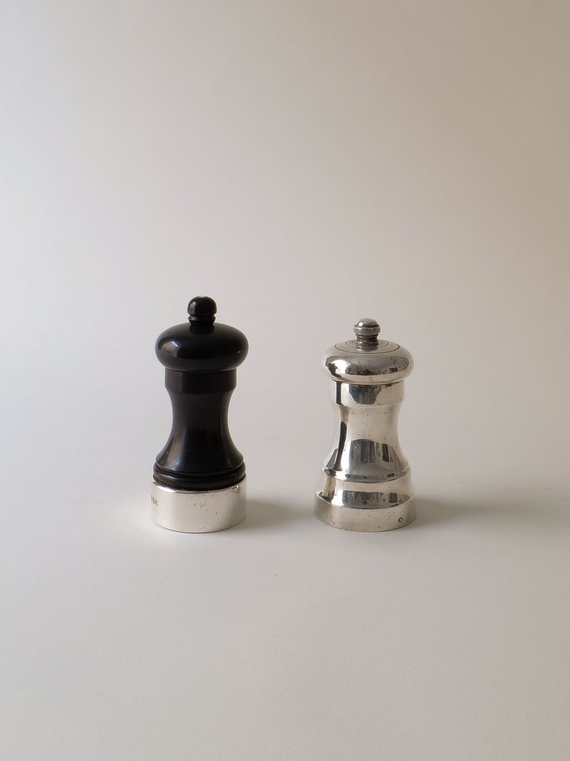 English silver and black salt pepper grinders set