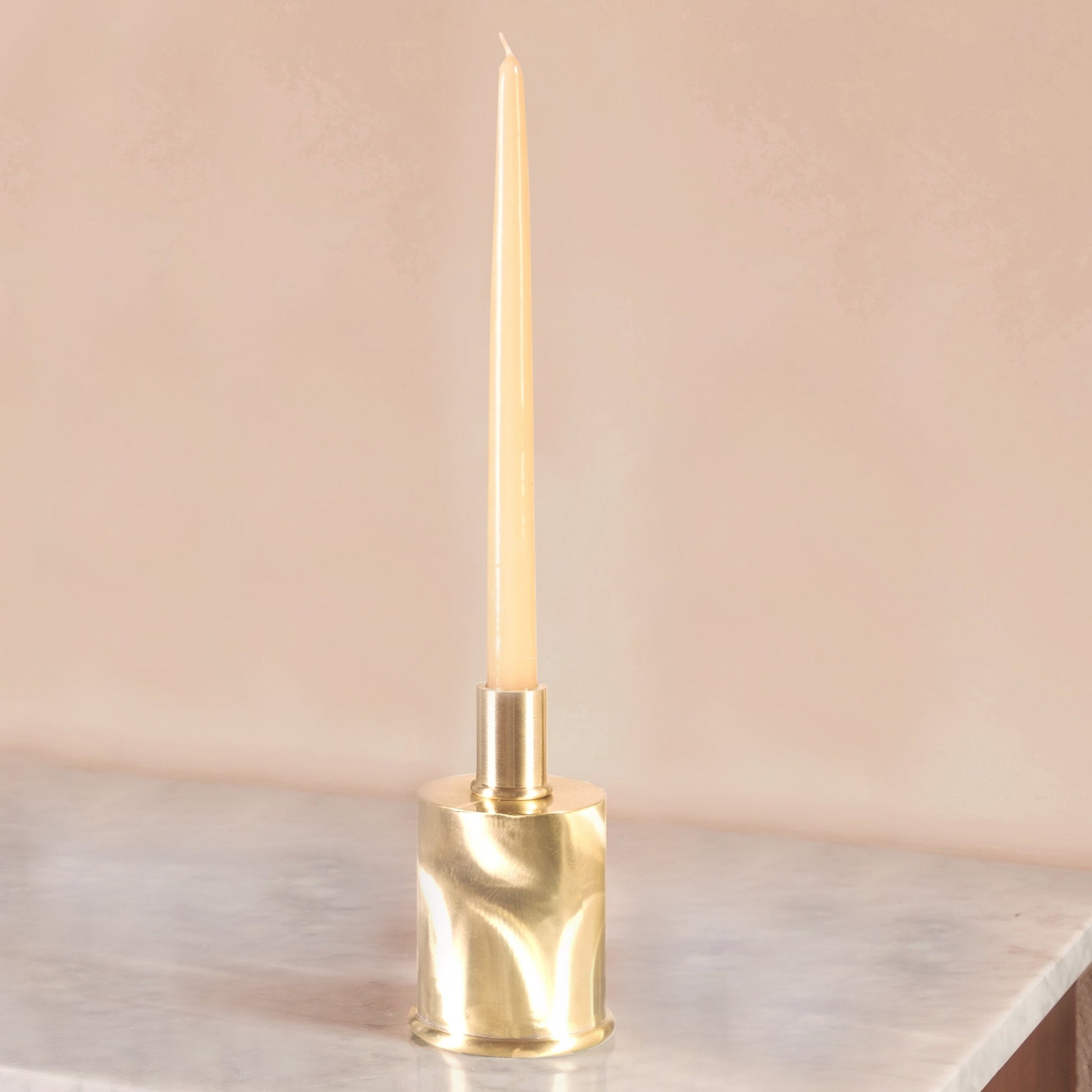 Brushed Brass Candle Holders in Fabric Moiré Design — close-up