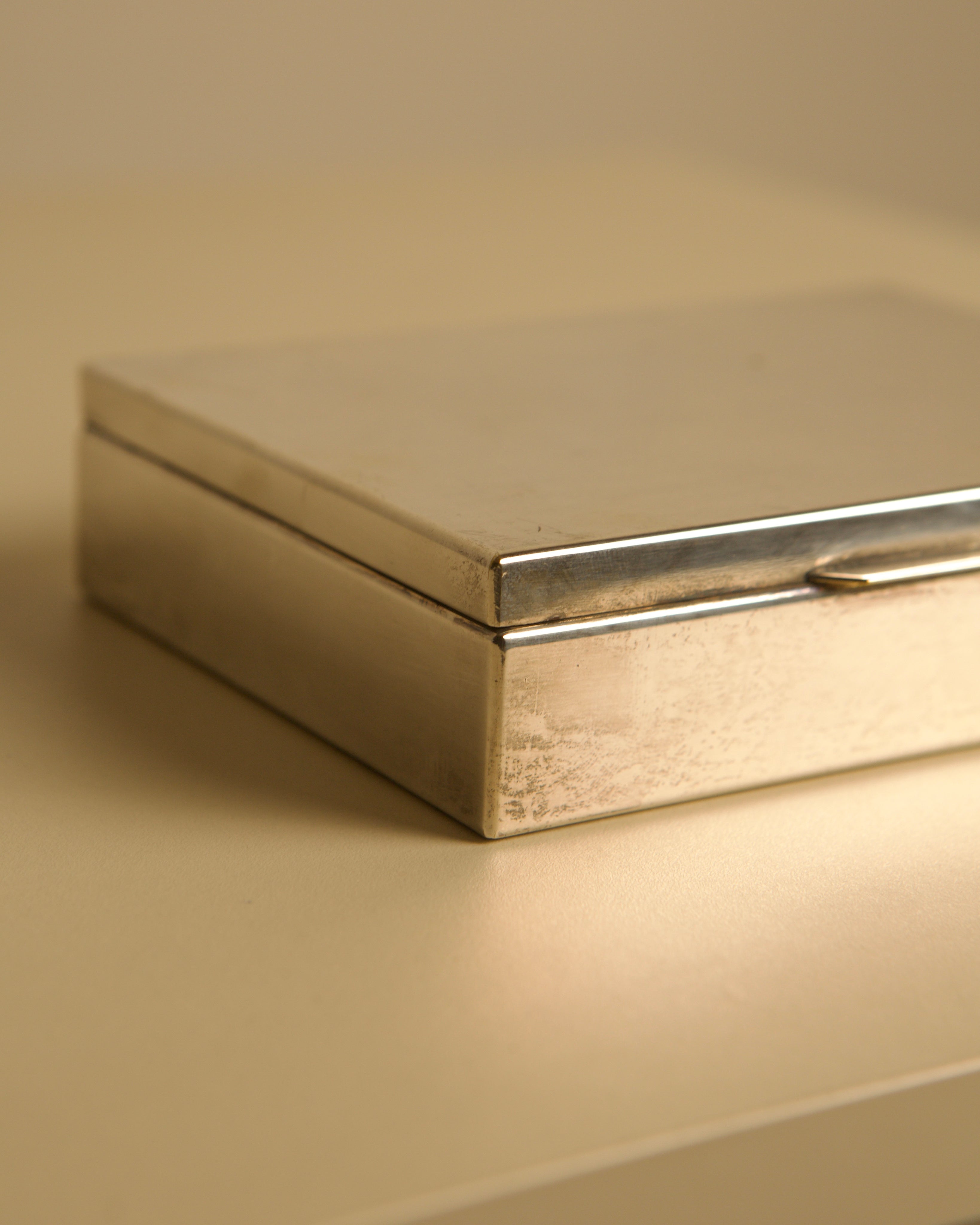 Italian Silver-plated Metal Box with a Wooden Interior, 80s — angled top view showing shiny silver surface