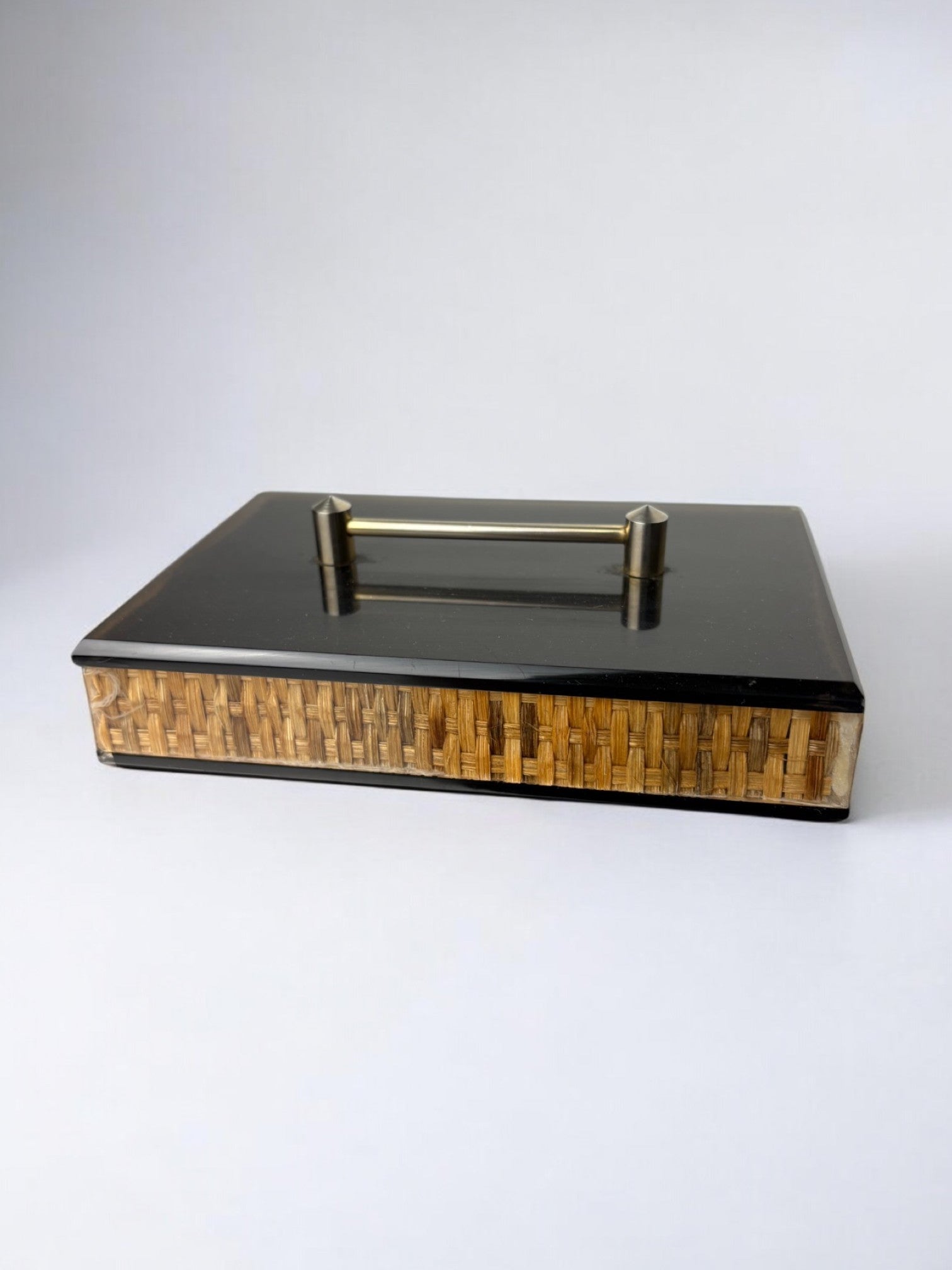 Lucite & Rattan Vanity Box, 1970's — side angle showing rattan detail and handle