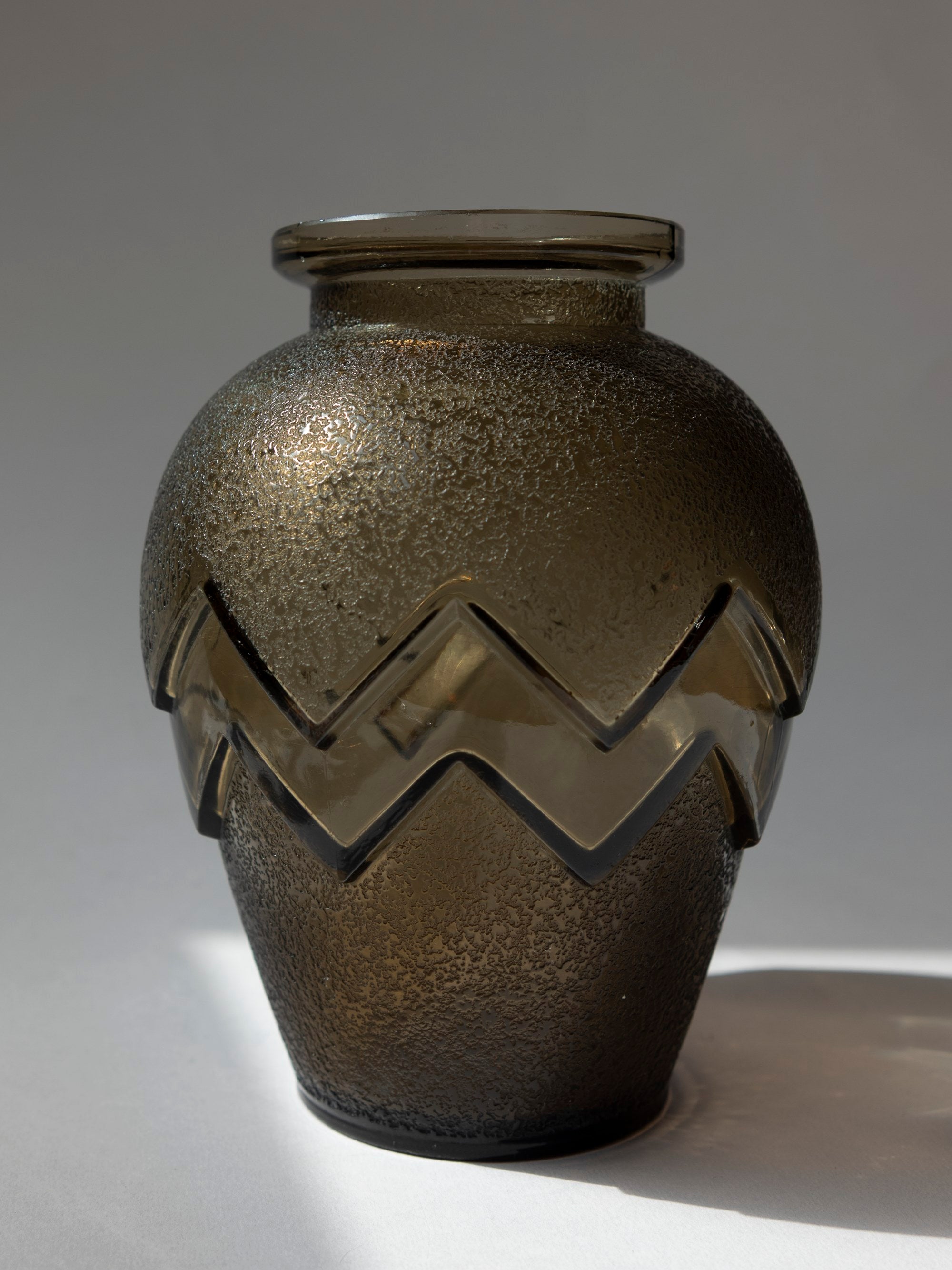 Art Deco Smoked Glass Chevron Vase, Daum Nancy, c. 1930s by Trove Paris | The Oblist