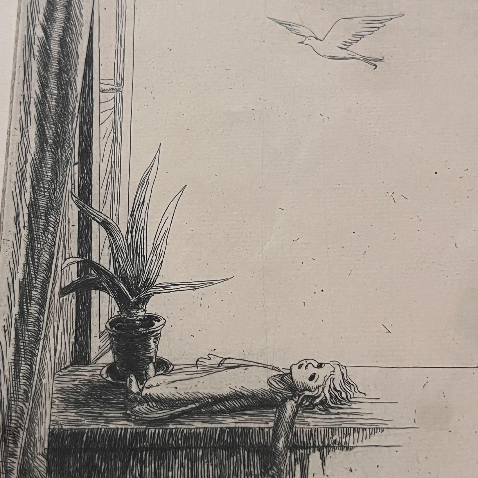 Swedish Etching "Doll on a Table" Börje Sandelin (1926–1970) — close-up of doll beside potted plant