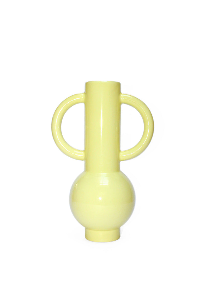 Limoncello ceramic vase with dual ring handles, pale yellow glaze