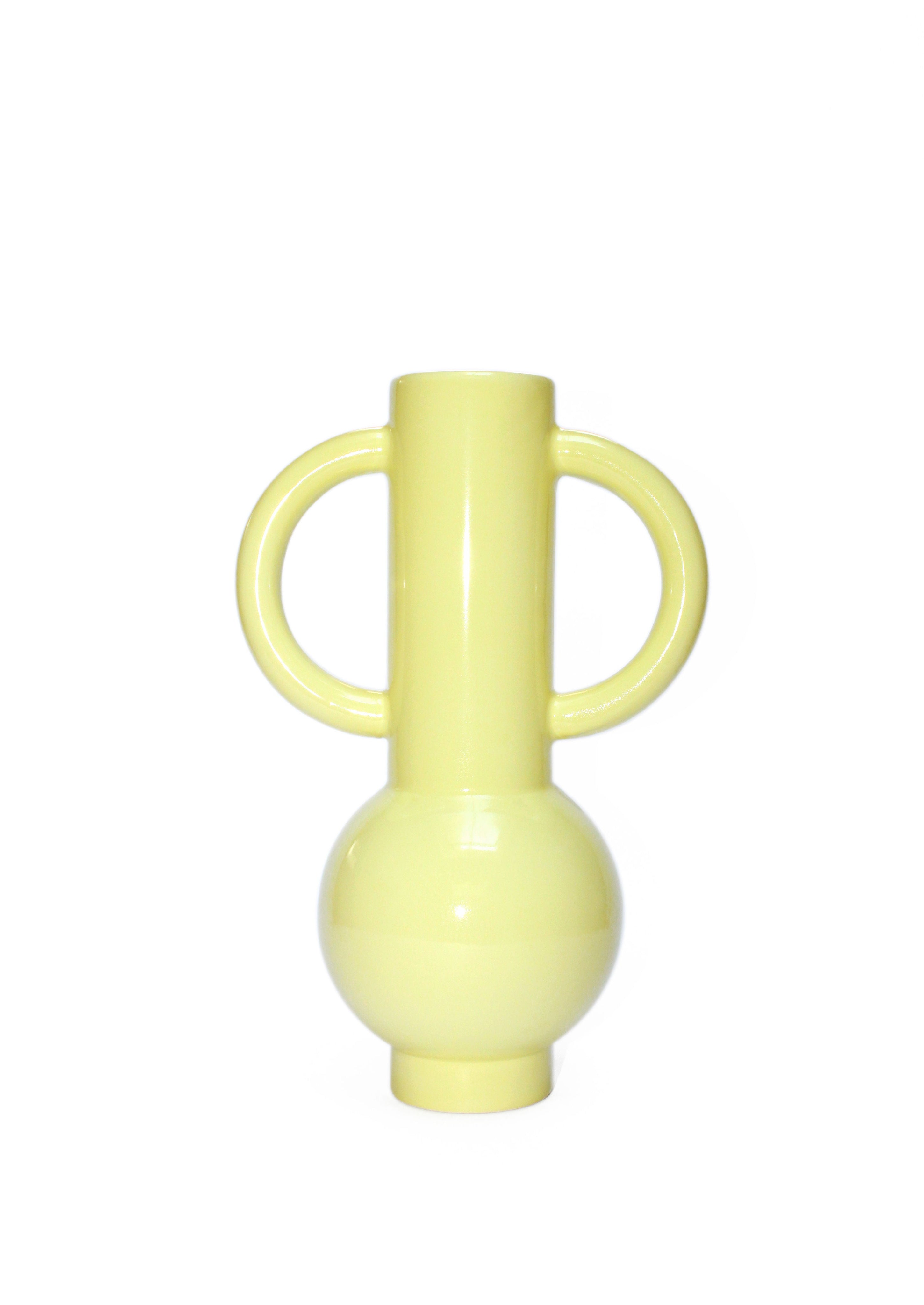 Limoncello ceramic vase with dual ring handles, pale yellow glaze
