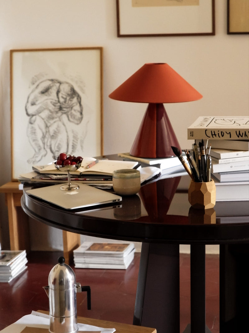 Caterina Table Lamp - Cognac on modern desk with books and decor
