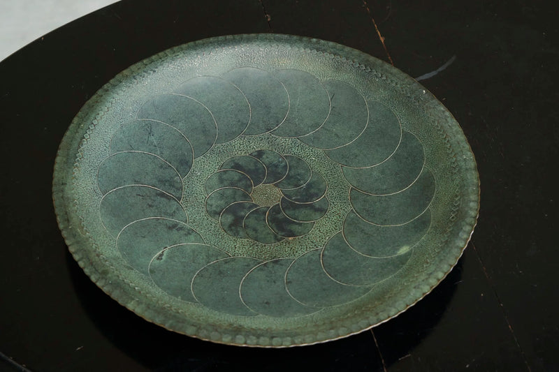 Hand Hammered Art Deco Centerpiece Bowl in Verdigris Patinated Copper 1930s — side angle