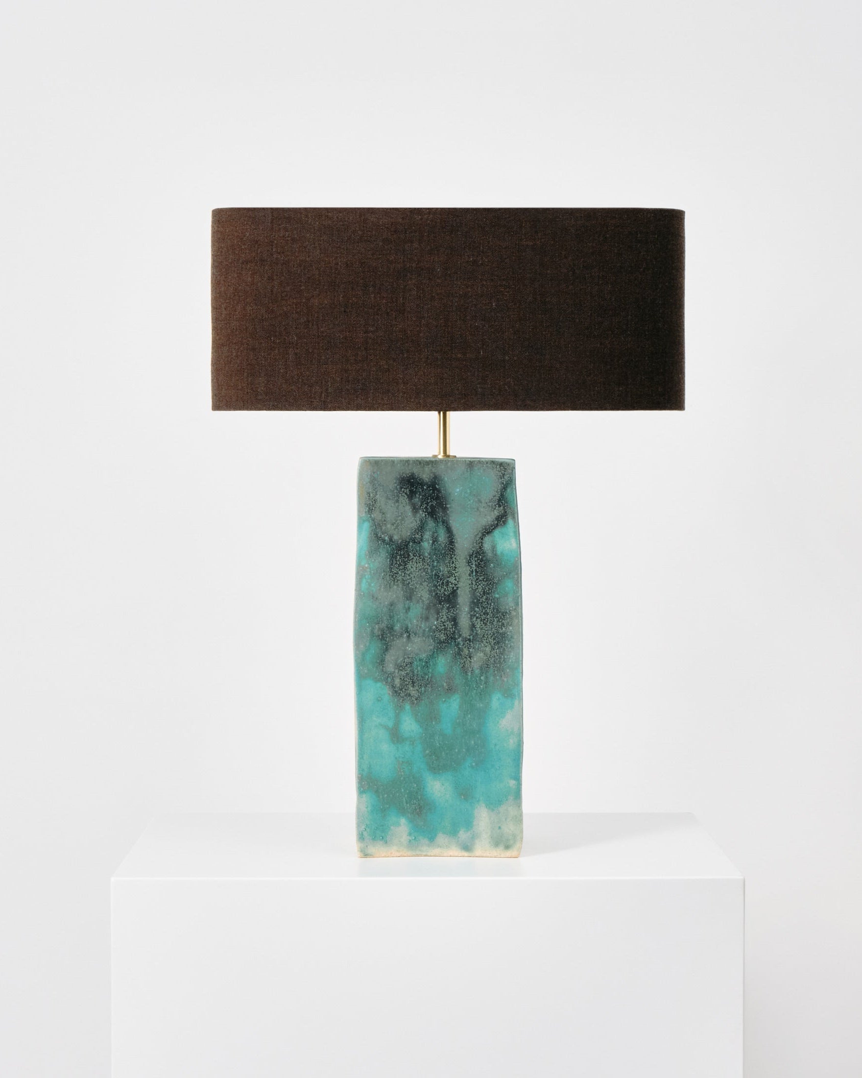 Rectangular Ceramic Lamp — front view with turquoise base and brown shade