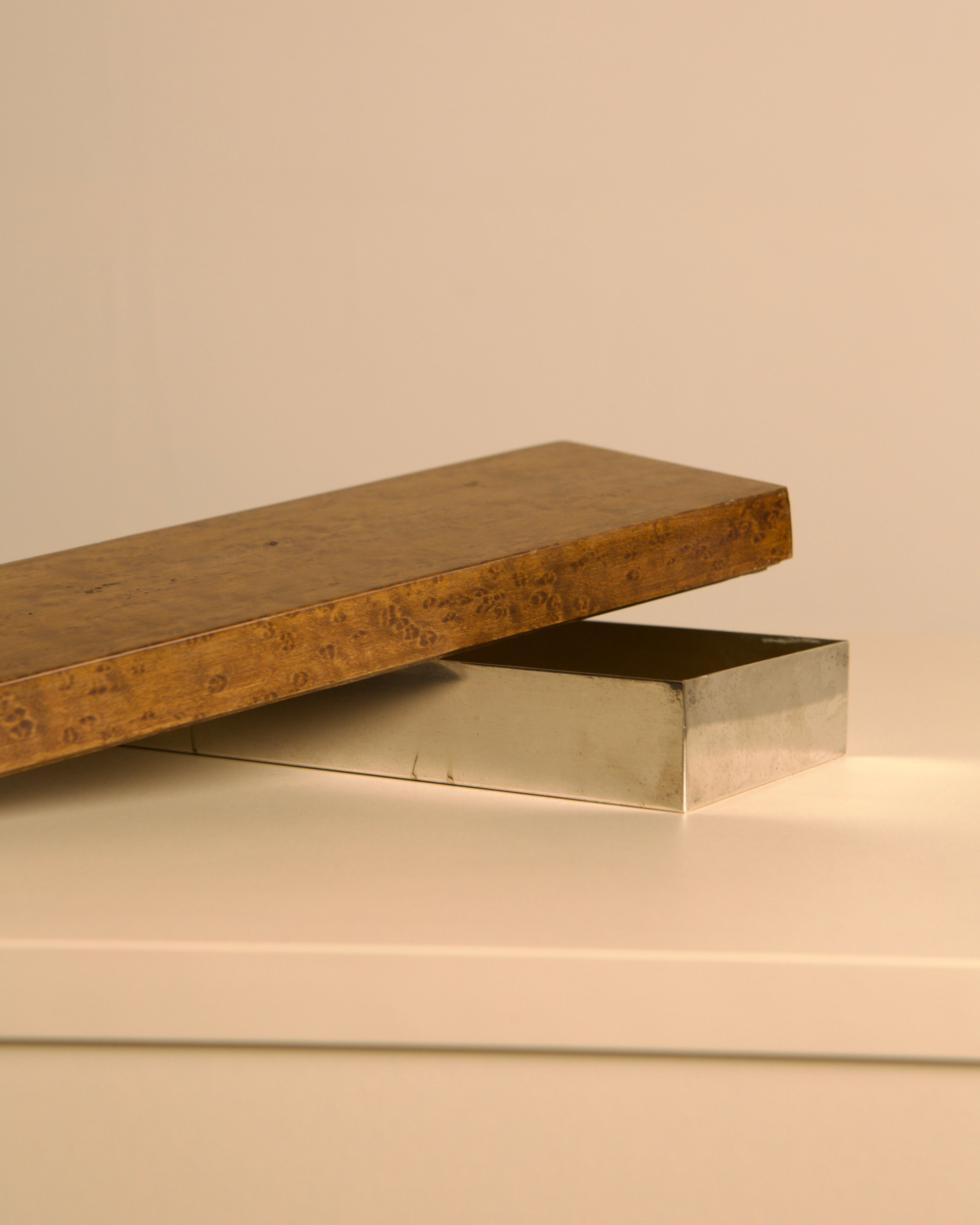 Vintage Italian Burl Walnut and Silvered Metal Box, 1960s — alternate view