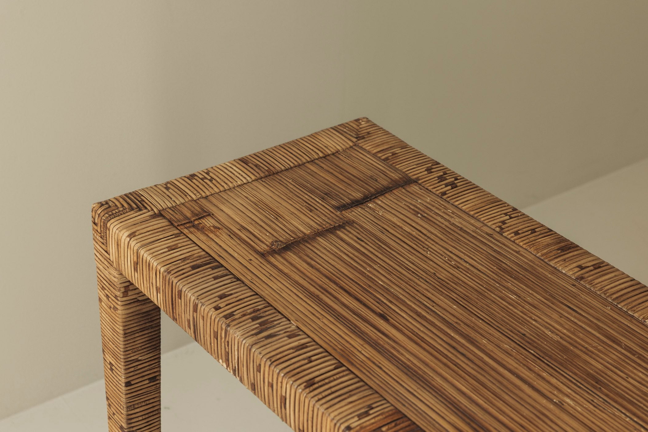 Exceptional French Rattan Wrapped Console Table, 1970s — in context