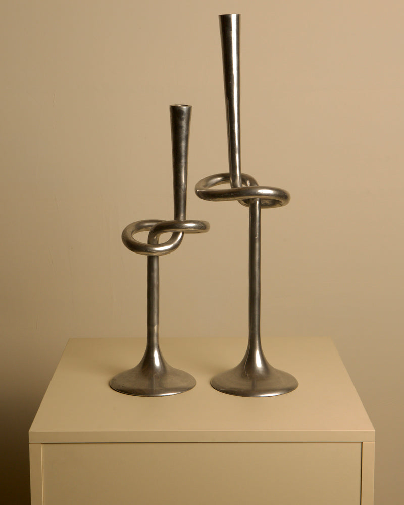 Pair of 80's Aluminum "Knot" Candleholders by Treaptyque | The Oblist — aluminum, modern design