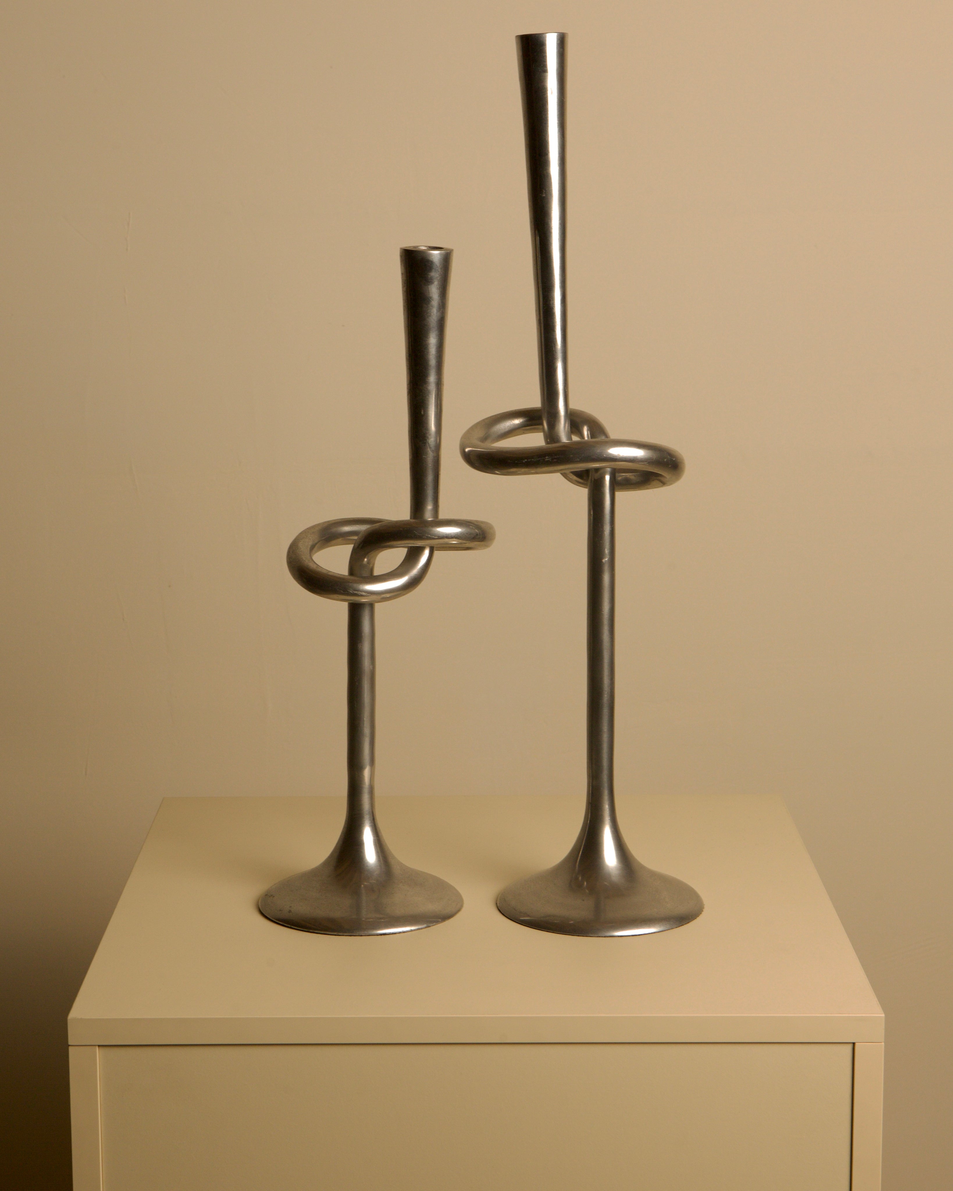 Pair of 80's Aluminum "Knot" Candleholders by Treaptyque | The Oblist — aluminum, modern design
