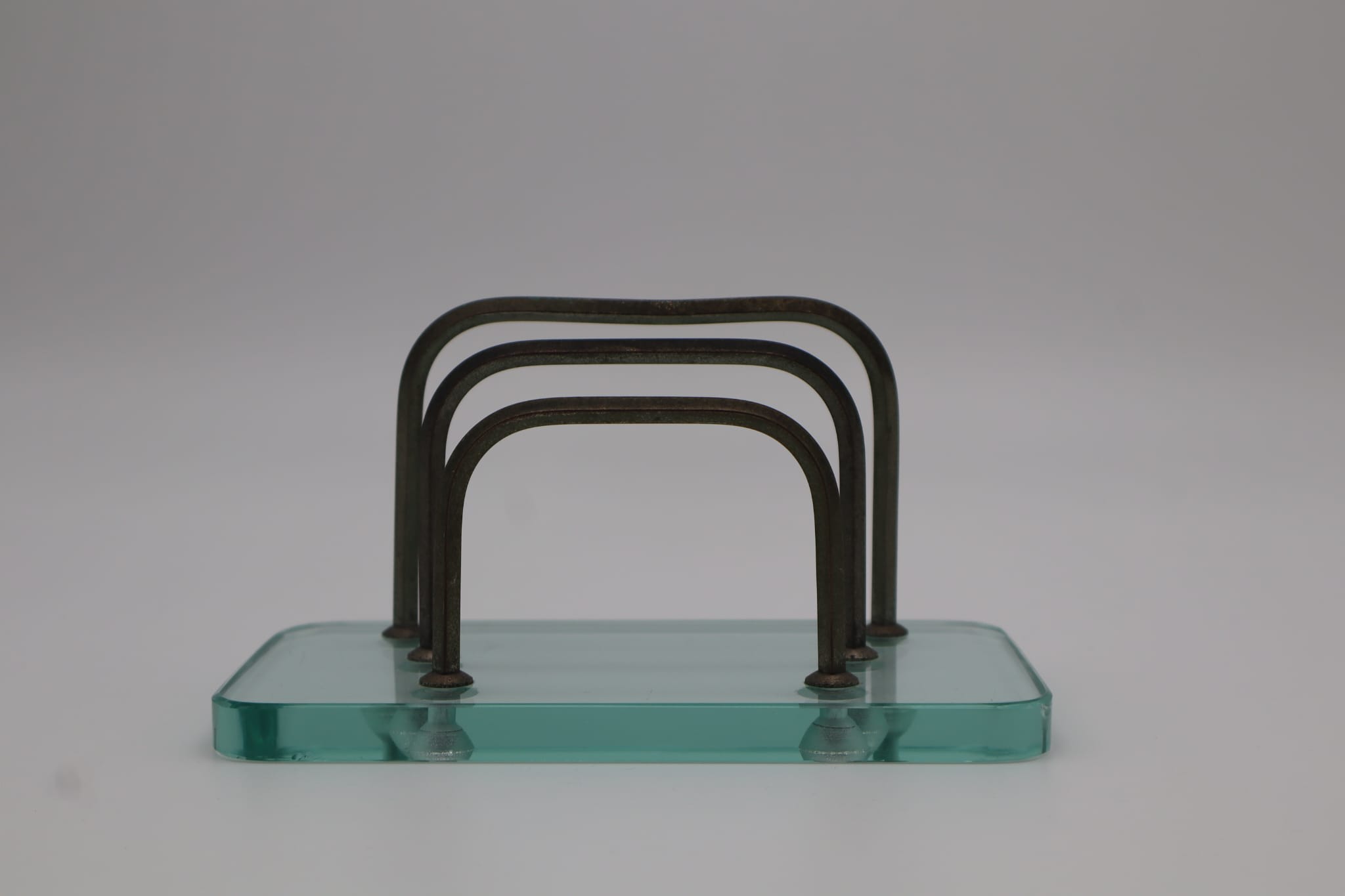 Mid-Century Modern Heavy Glass & Burnished Metal Letter Rack