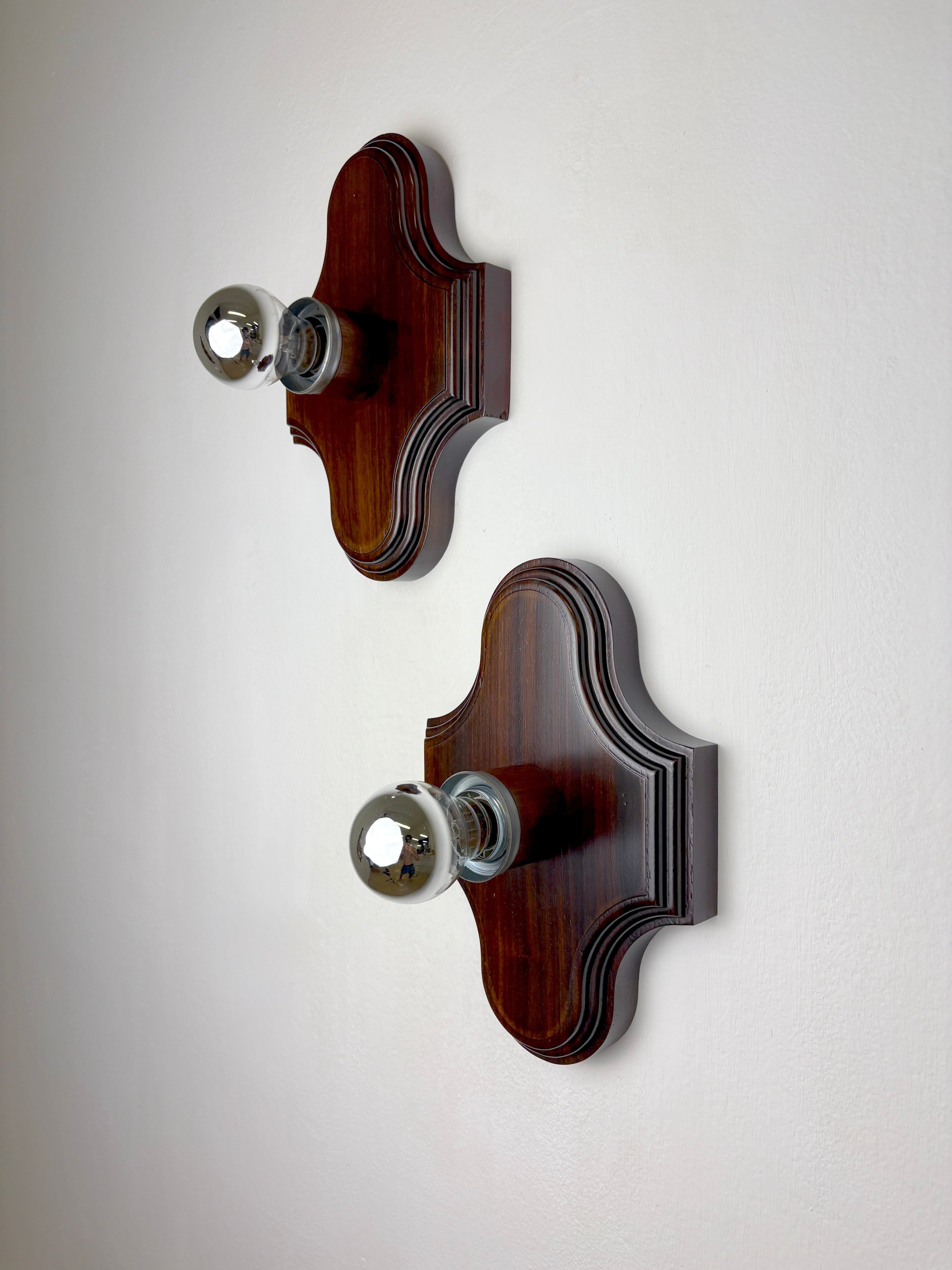 Pair of Geometric Art Deco Wall Lights, Carved wood, France, 1960s by Malamar Studio | The Oblist