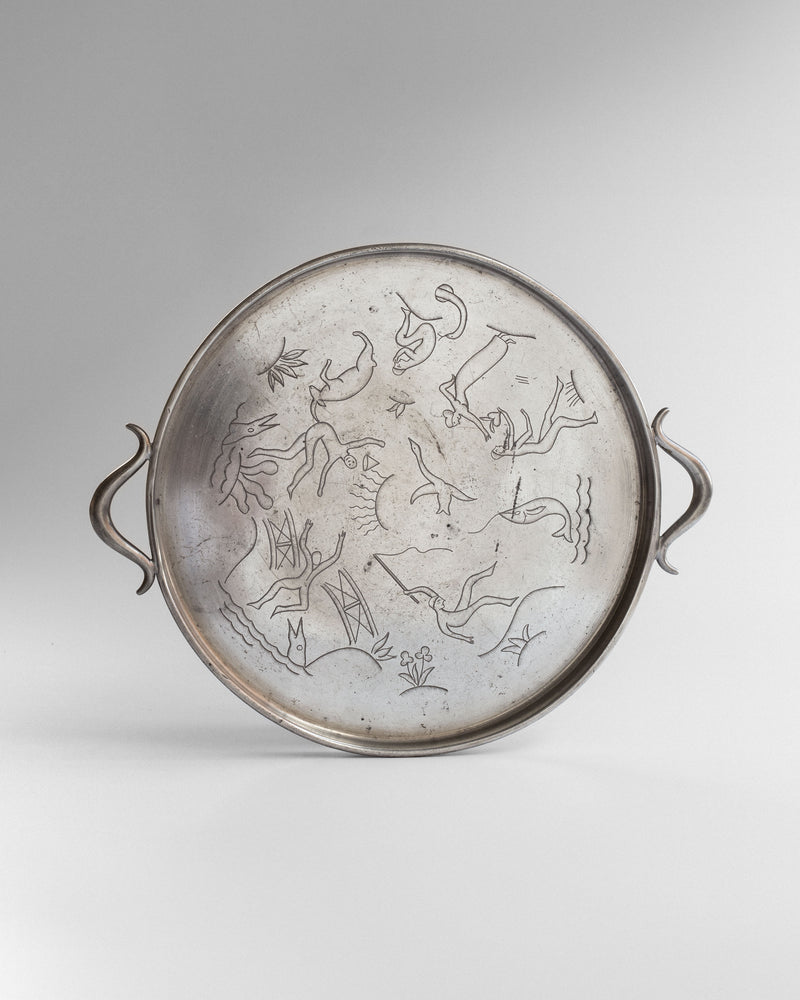 Art Deco pewter tray with engraved mythological scenes by Fougstedt