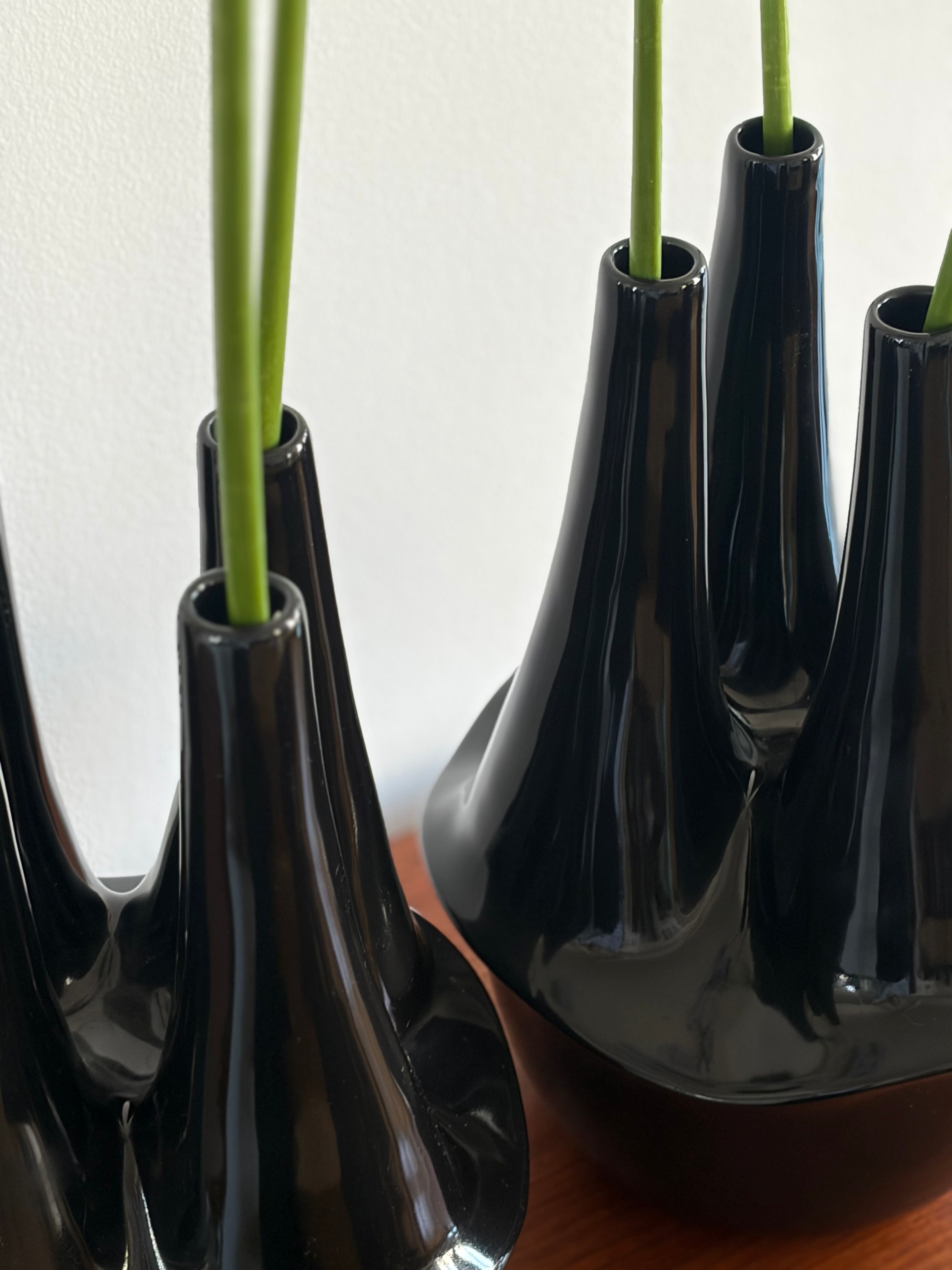Portuguese Brutalist Black Glazed Multi-Neck Ceramic Vase, 1980s — lifestyle setting